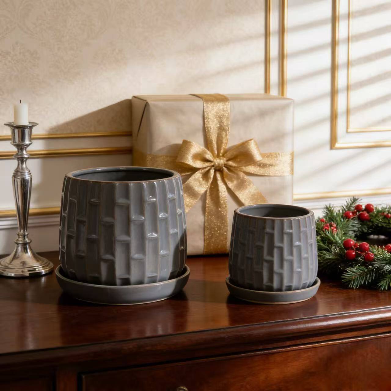 Alt View 10. Loheer - Ceramic Planter Set Loheer Handmade Gray Ribbed Clay Flower Pots with Saucers, 6in 8in Indoor Outdoor Herb Succulent.