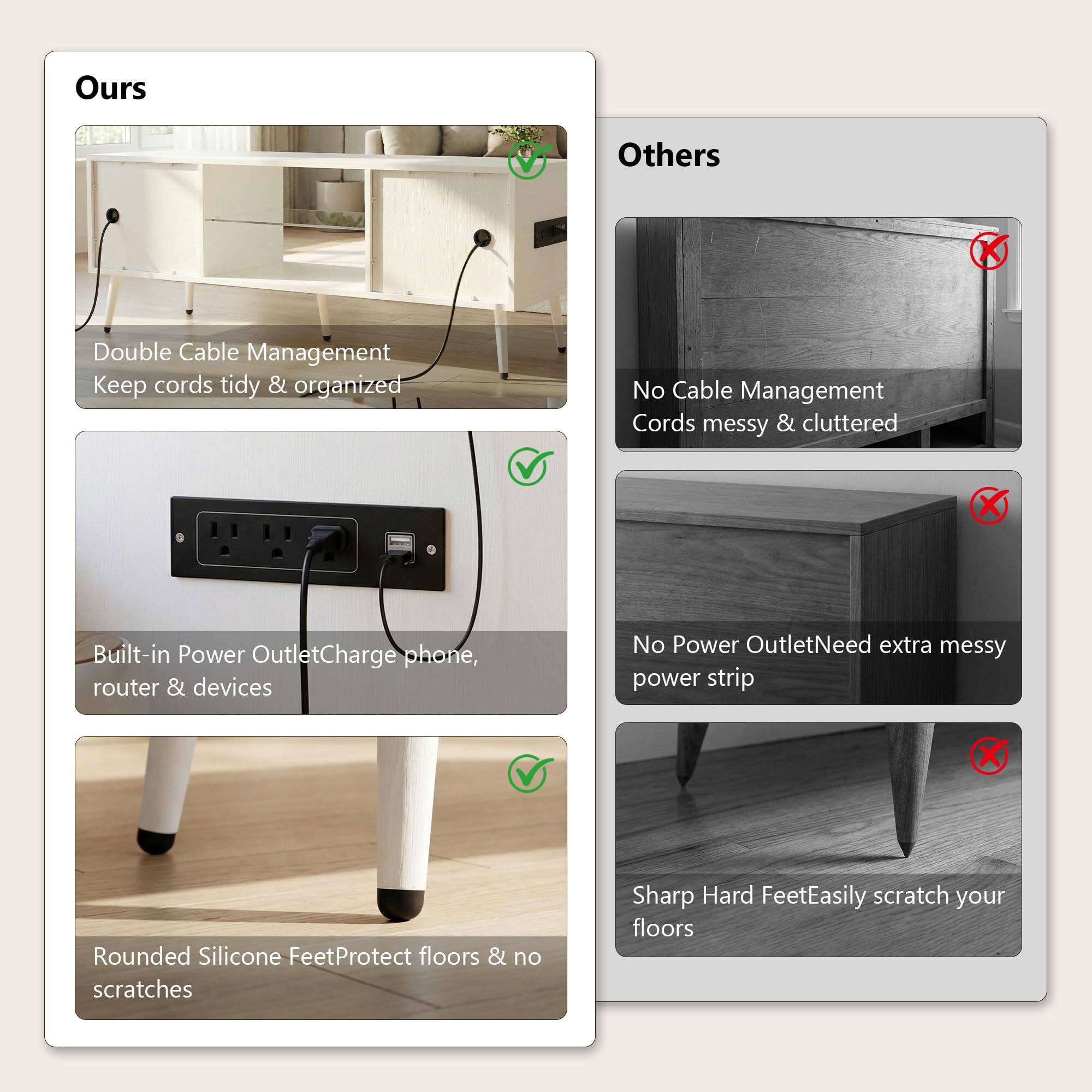 Ours  
Double Cable Management  
Keep cords tidy & organized  

Built-in Power Outlet  
Charge phone, router & devices  

Rounded Silicone Feet  
Protect floors & no scratches  

Others  
No Cable Management  
Cords messy & cluttered  

No Power Outlet  
Need extra messy power strip  

Sharp Hard Feet  
Easily scratch your floors