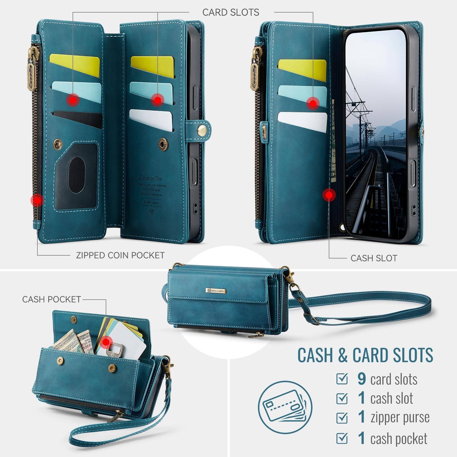 CARD SLOTS

CaseMe chanday

ZIPPED COIN POCKET

CASH SLOT

CASH POCKET

CASH & CARD SLOTS

9 card slots

1 cash slot

1 zipper purse

1 cash pocket