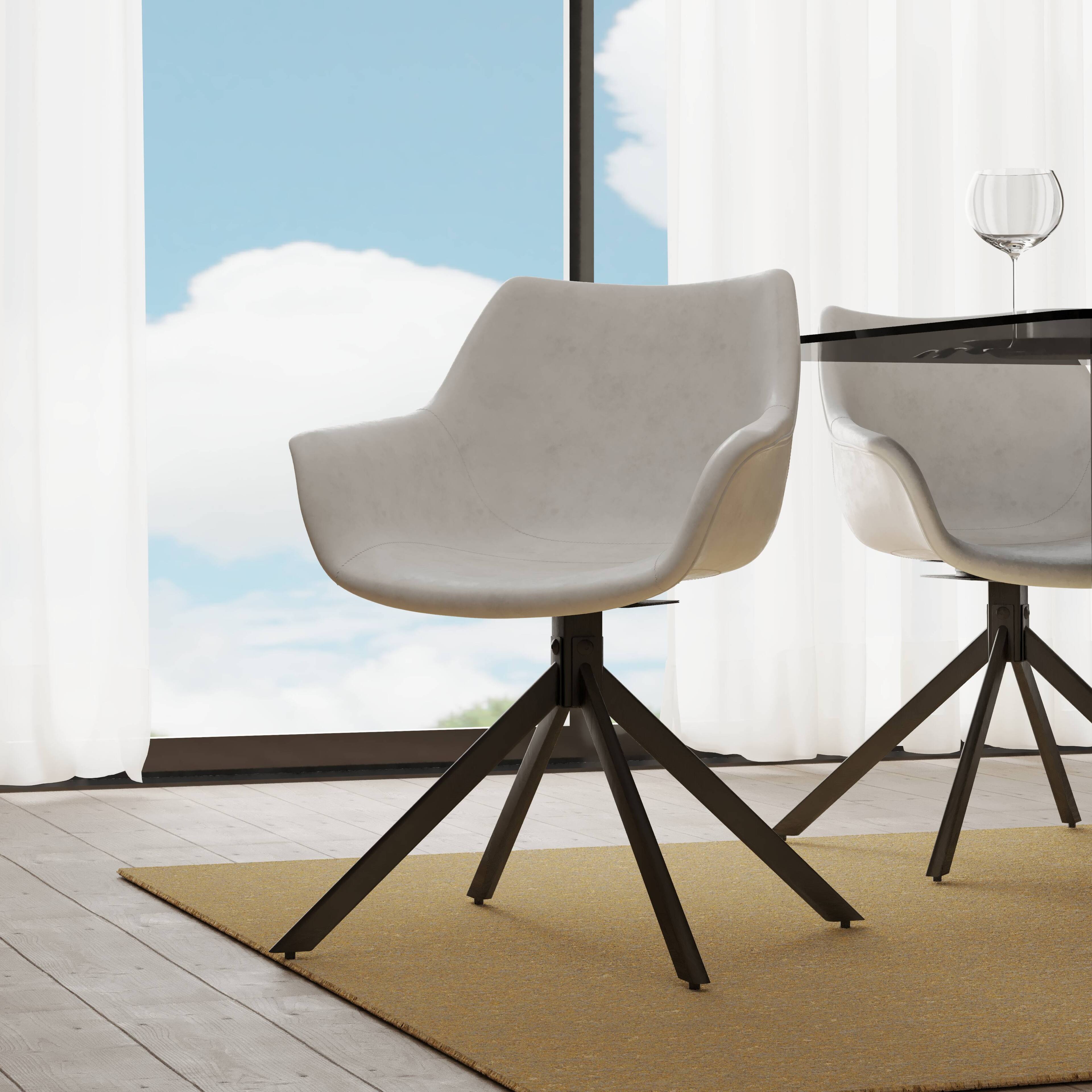 Angle. LeisureMod - Markley 4-PCS Modern 360 Swivel Faux Leather Dining Armchair with Iron Legs - Light Grey.