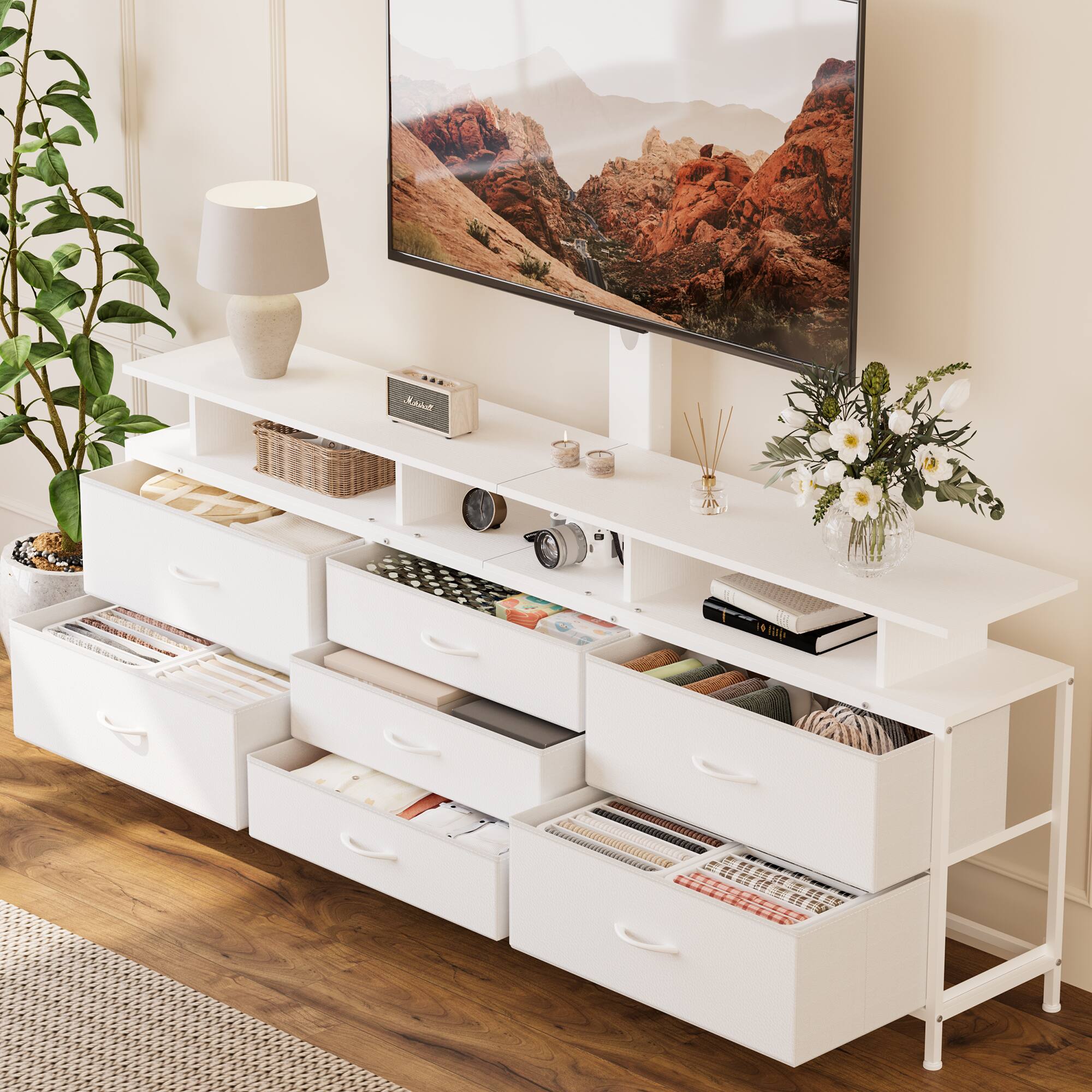 Angle. HAUSOURCE - 63" Entertainment Center Media Console Table with 7 Drawers Height Adjustable Mount Dresser TV Stand, White - White.