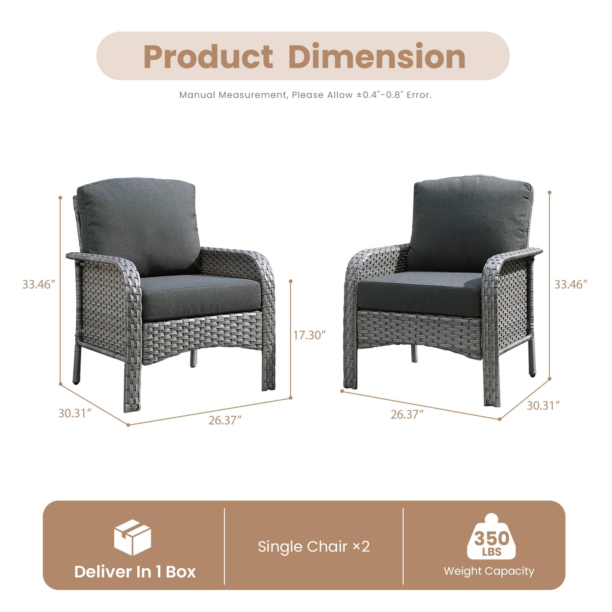 Product Dimension  
Manual Measurement, Please Allow ±0.4"-0.8" Error.  

33.46"  
17.30"  
30.31"  
26.37"  

Deliver In 1 Box  
Single Chair x2  

350 LBS Weight Capacity