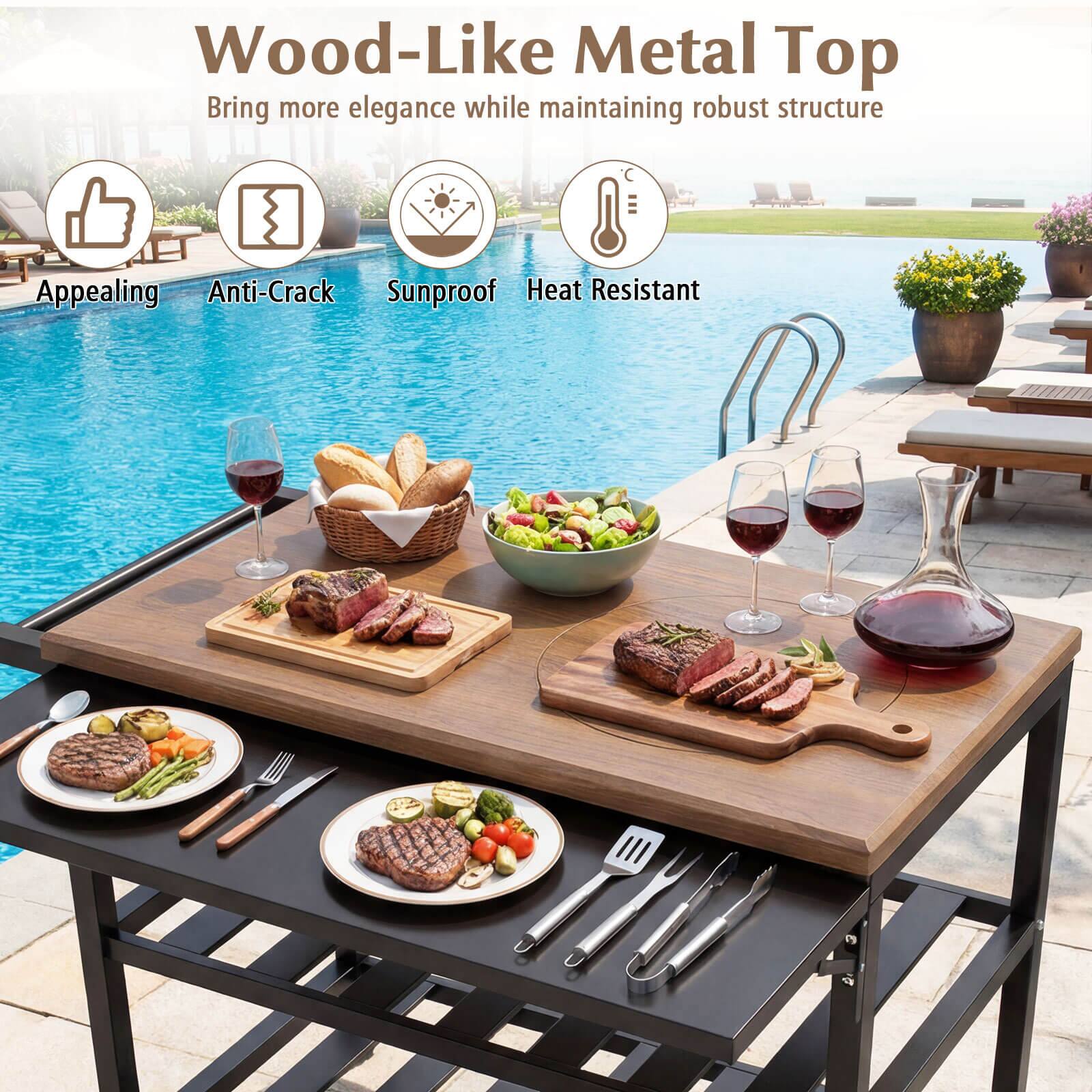 Wood-Like Metal Top  
Bring more elegance while maintaining robust structure  

Appealing  
Anti-Crack  
Sunproof  
Heat Resistant