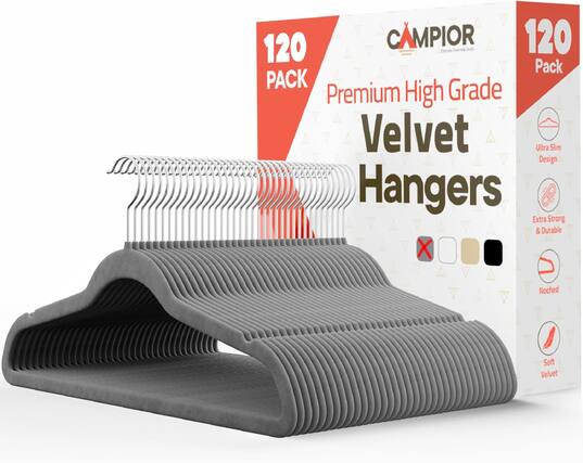 120 Pack CAMPIOR 120 Pack Premium High Grade Velvet Hangers Ultra Slim Design, Extra Strong & Durable, Noched, Soft Velvet