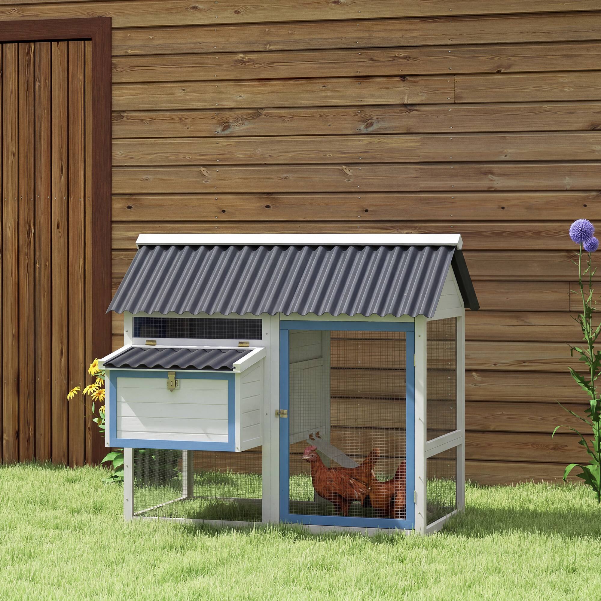 Alt View 1. Pawhut - Wooden Chicken Coop with Run Box, Nesting Box, Removable Tray, Ramp.