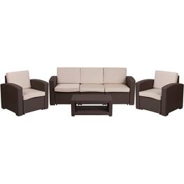Emma + Oliver - 4 Piece Outdoor Faux Rattan Chair, Sofa and Table Set - Chocolate Brown