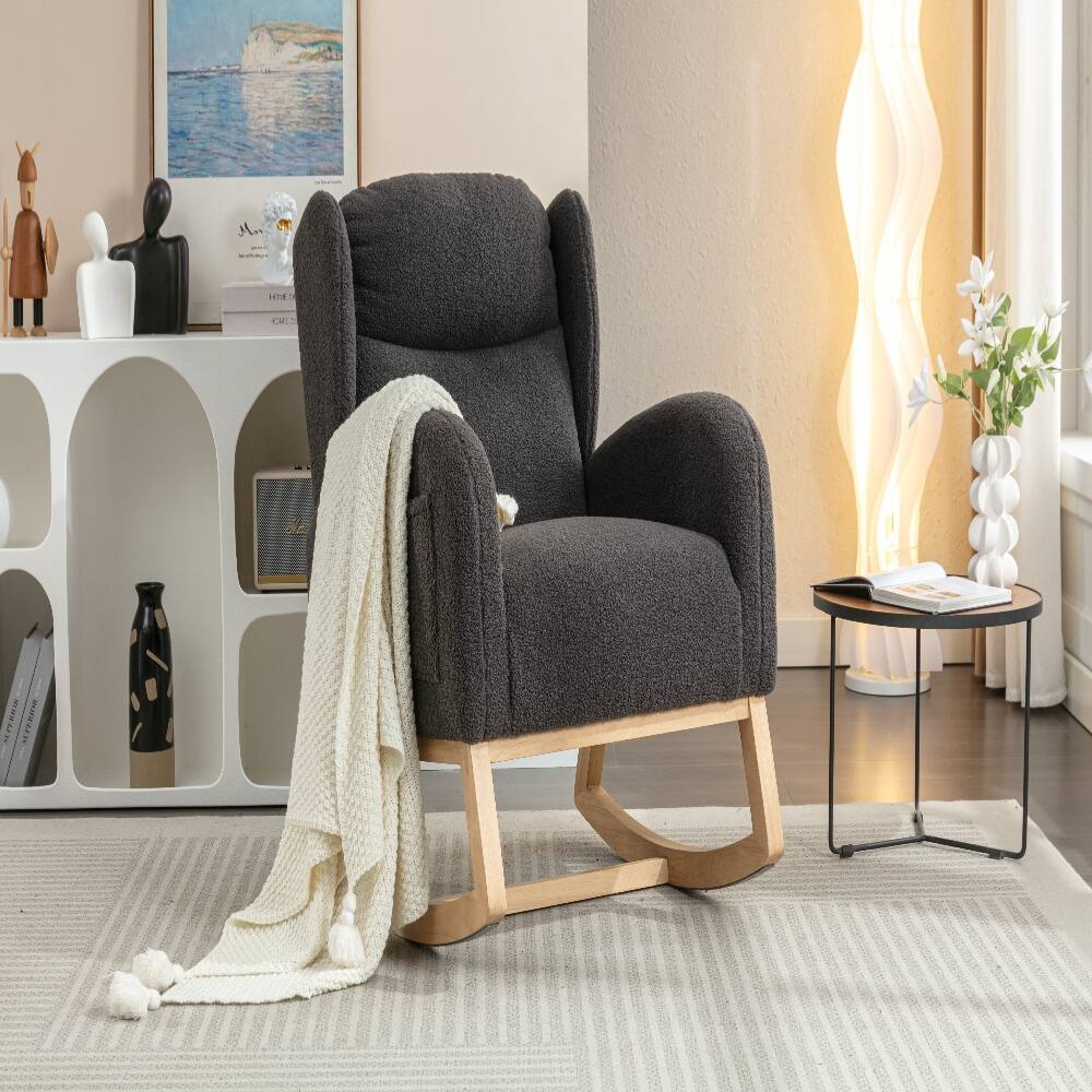 Alt View 1. Loheer - Loheer Teddy Fabric Rocking Chair Dark Gray Ergonomic Nursery Rocker with Wood Legs 300 lbs Capacity - Dark Gray.