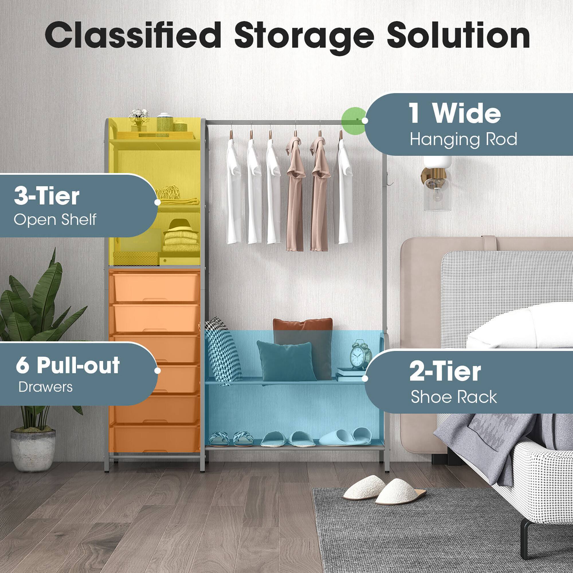 Classified Storage Solution

- 1 Wide Hanging Rod
- 3-Tier Open Shelf
- 6 Pull-out Drawers
- 2-Tier Shoe Rack