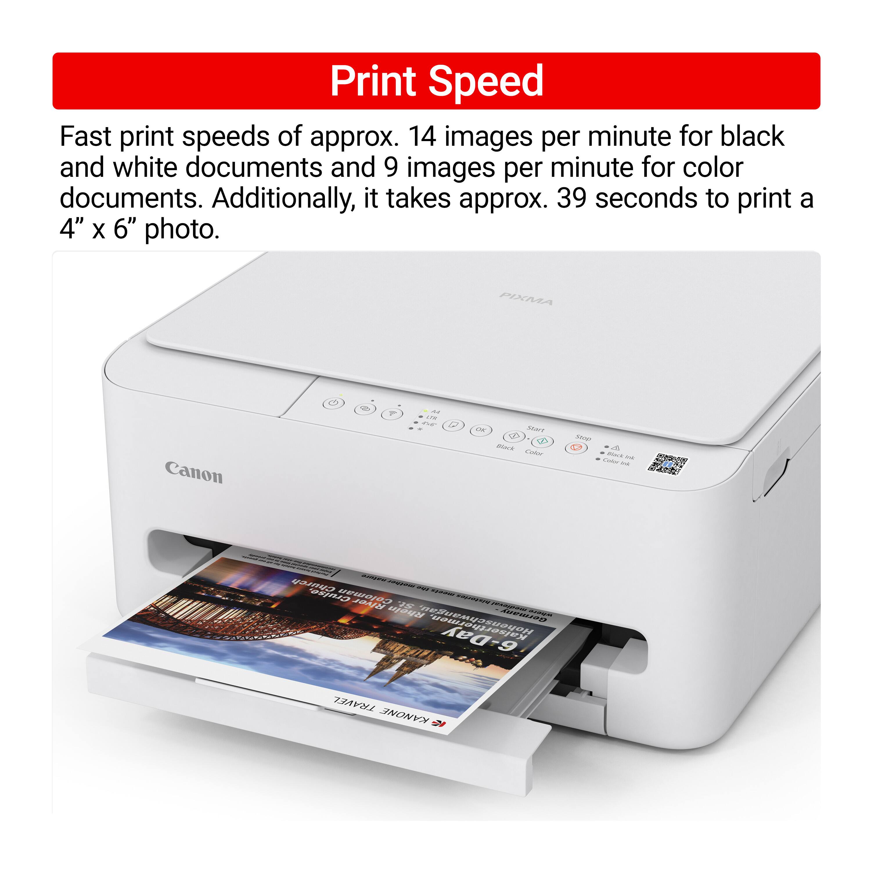 Print Speed

Fast print speeds of approx. 14 images per minute for black and white documents and 9 images per minute for color documents. Additionally, it takes approx. 39 seconds to print a 4" x 6" photo.