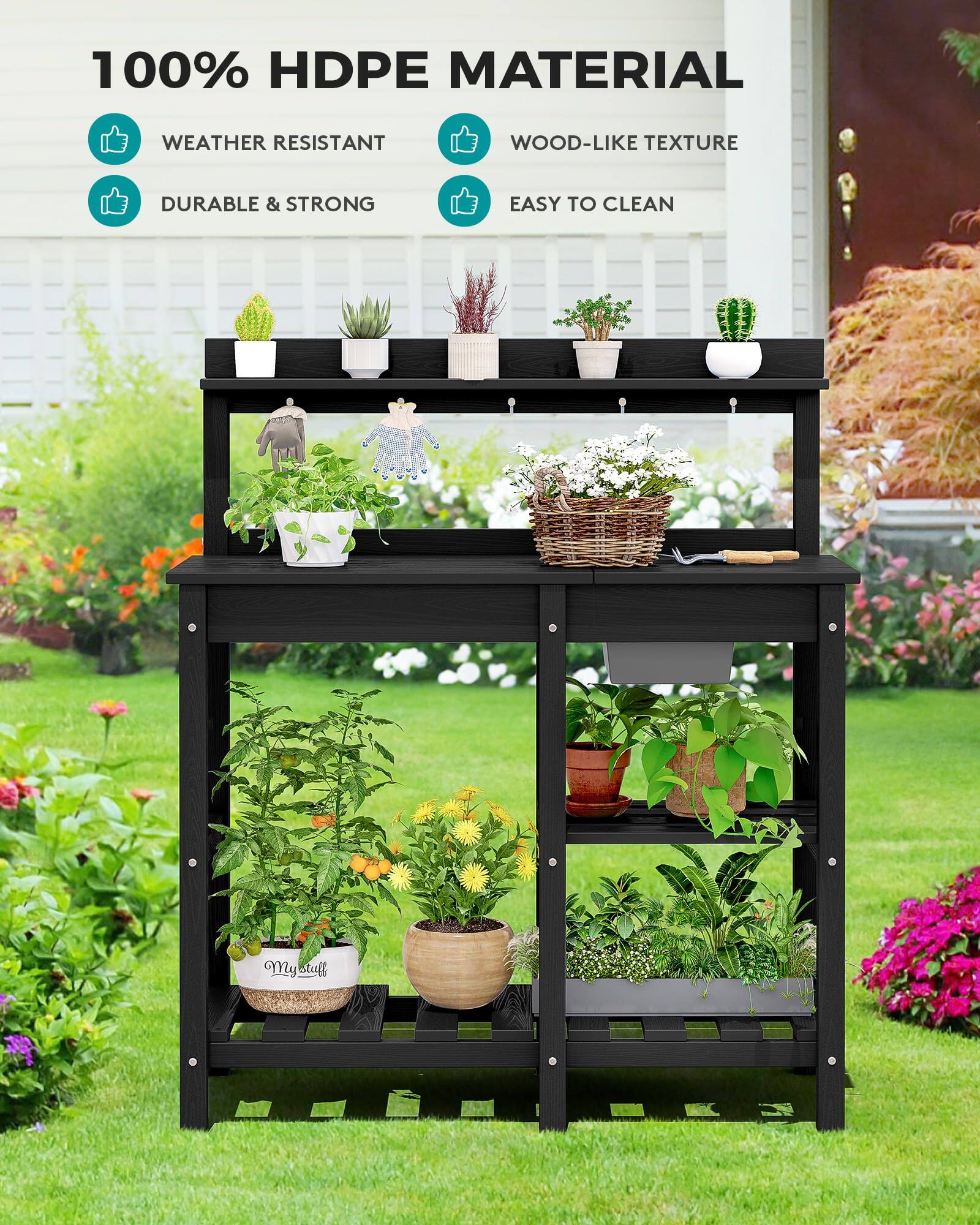 100% HDPE MATERIAL  
WEATHER RESISTANT  
WOOD-LIKE TEXTURE  
DURABLE & STRONG  
EASY TO CLEAN