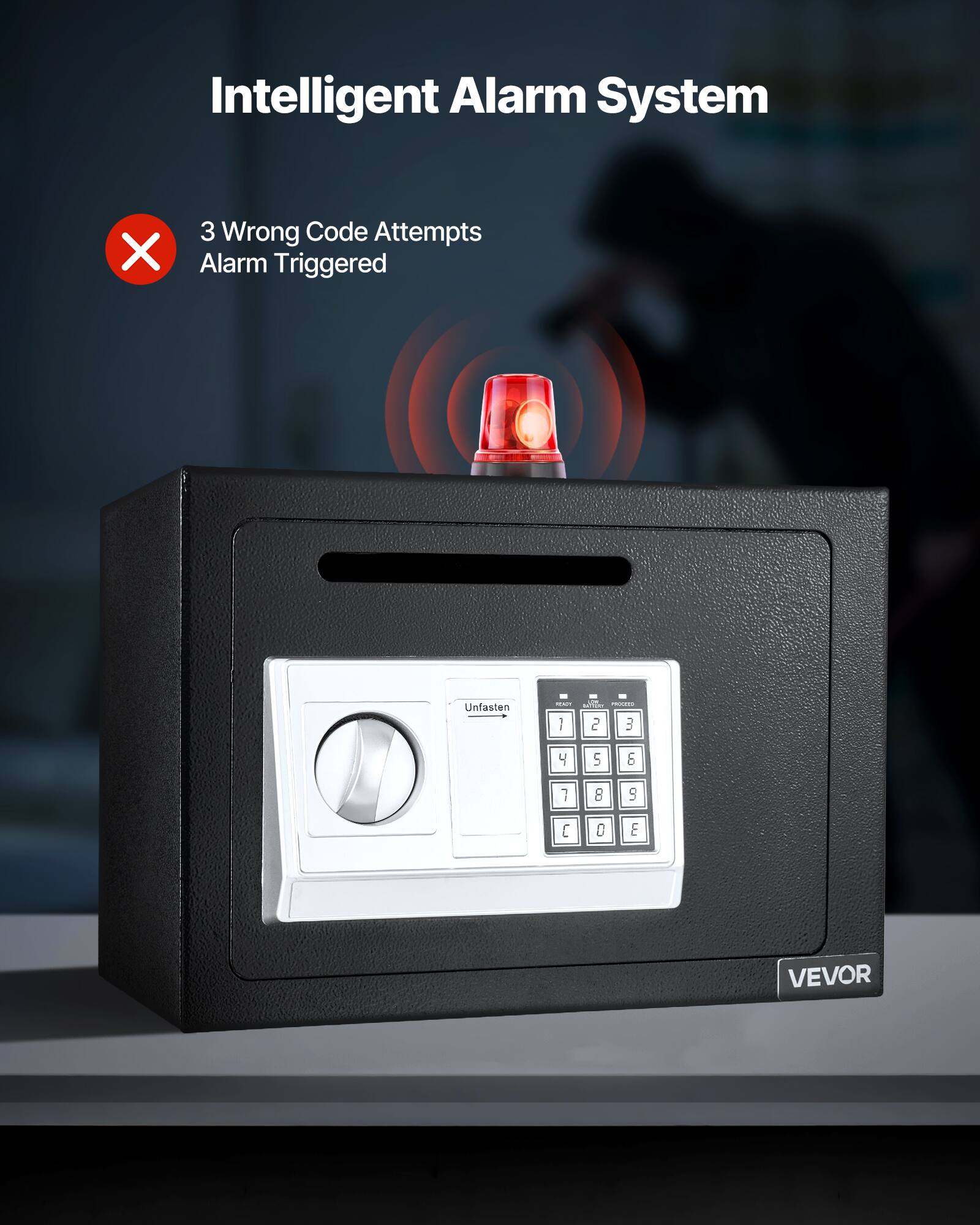 Intelligent Alarm System  
3 Wrong Code Attempts Alarm Triggered  
Unfasten A.I  
1 2 3 4 5 6 7 8 9 0 E  
VEVOR