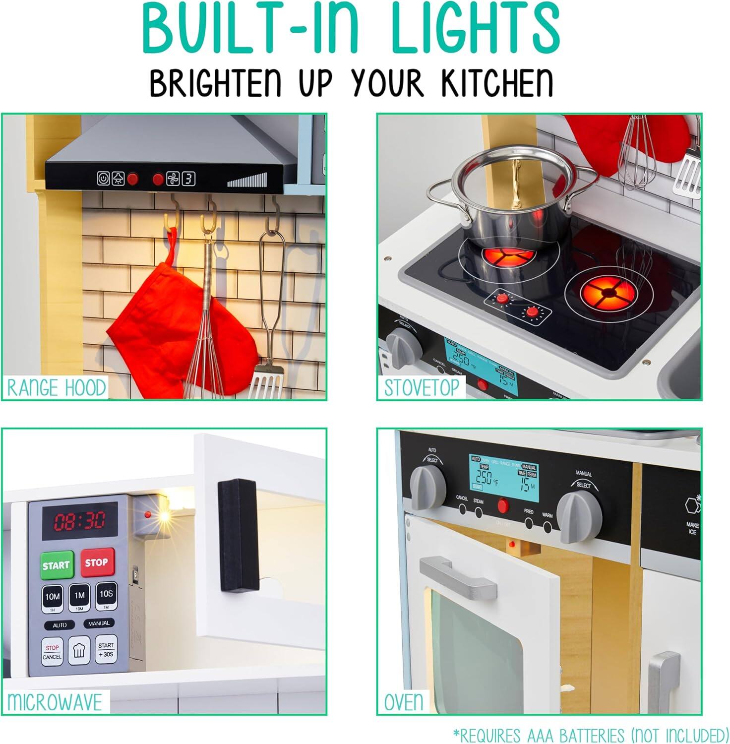 BUILT-IN LIGHTS BRIGHTEN UP YOUR KITCHEN

RANGE HOOD
STOVETOP
MICROWAVE
OVEN
*REQUIRES AAA BATTERIES (NOT INCLUDED)