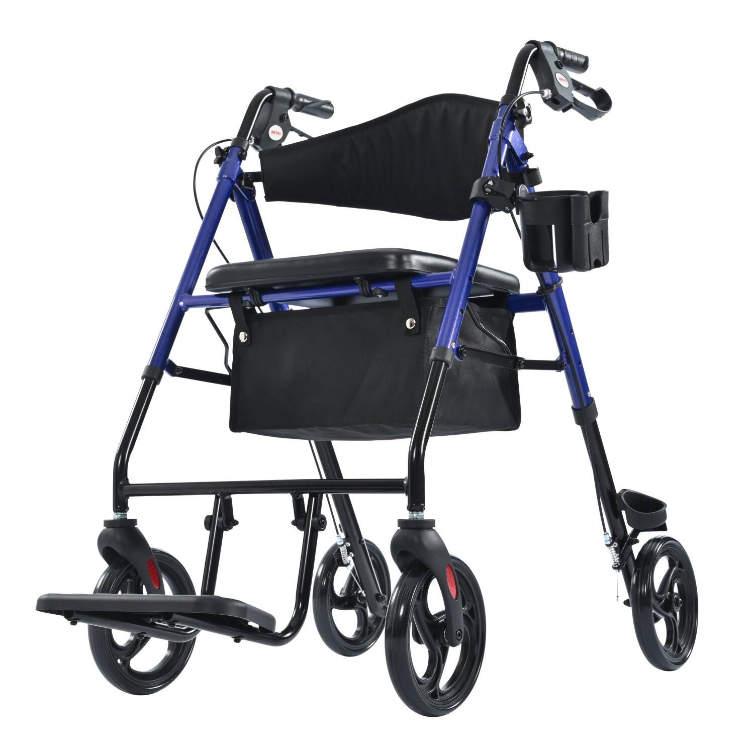Angle. Metro Mobility - M913P 2 in 1 Rollator Walker & Transport Wheelchair for Seniors, 8" Wheels with Seat for All Terrain, 300 lb Capacity - Blue.