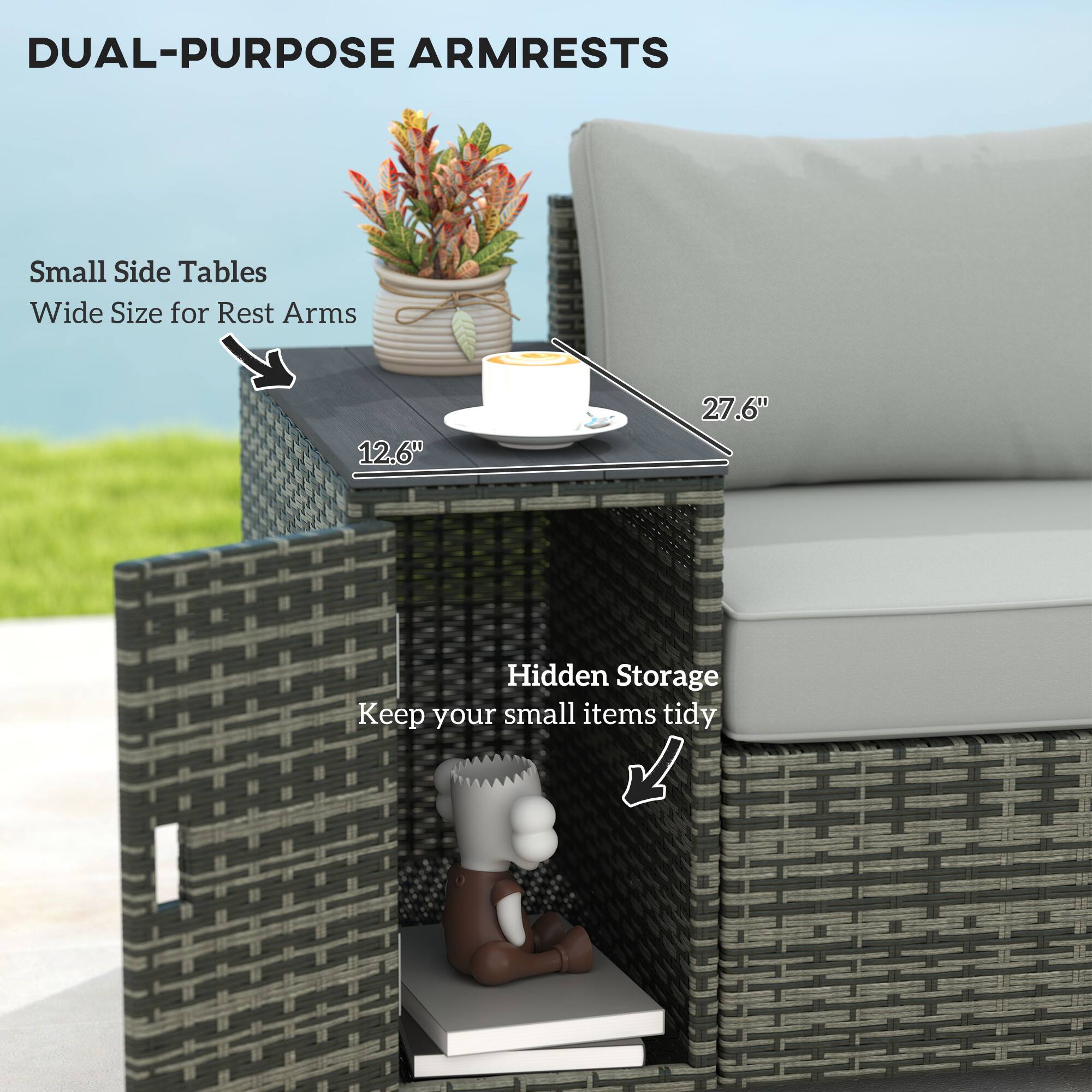 DUAL-PURPOSE ARMRESTS

Small Side Tables  
Wide Size for Rest Arms  
12.6" x 27.6"  

Hidden Storage  
Keep your small items tidy