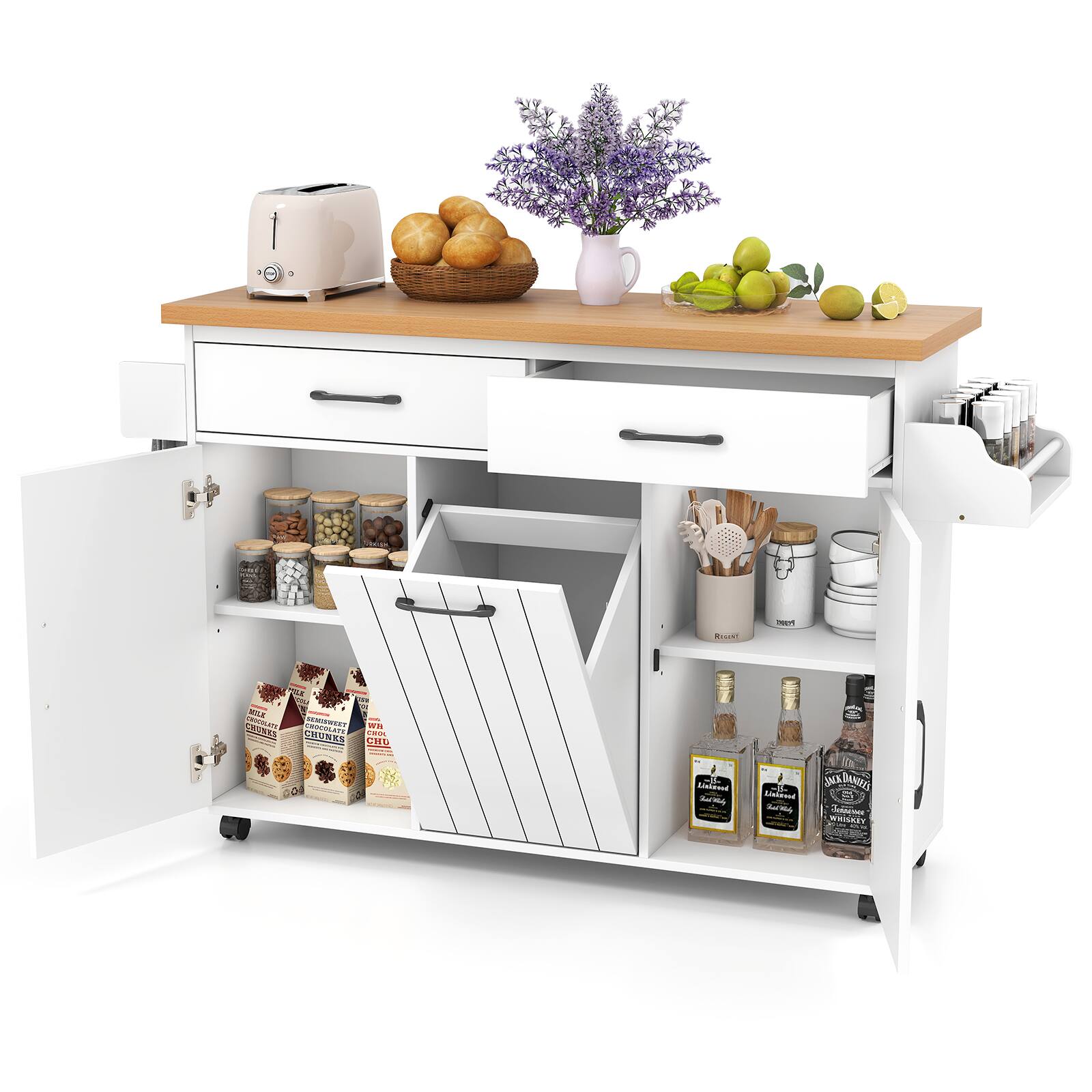 Costway - Rolling Kitchen Island Kitchen Cart with Tilt-out Trash Cabinet Island Table - White