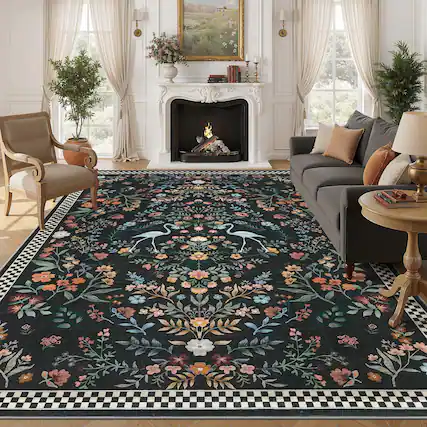 Front. Yardgrace - 5' x 7' ft Washable Farmhouse Floral Area Rug with Non-Slip for Bedroom Nursery Living Room Decor - Black.