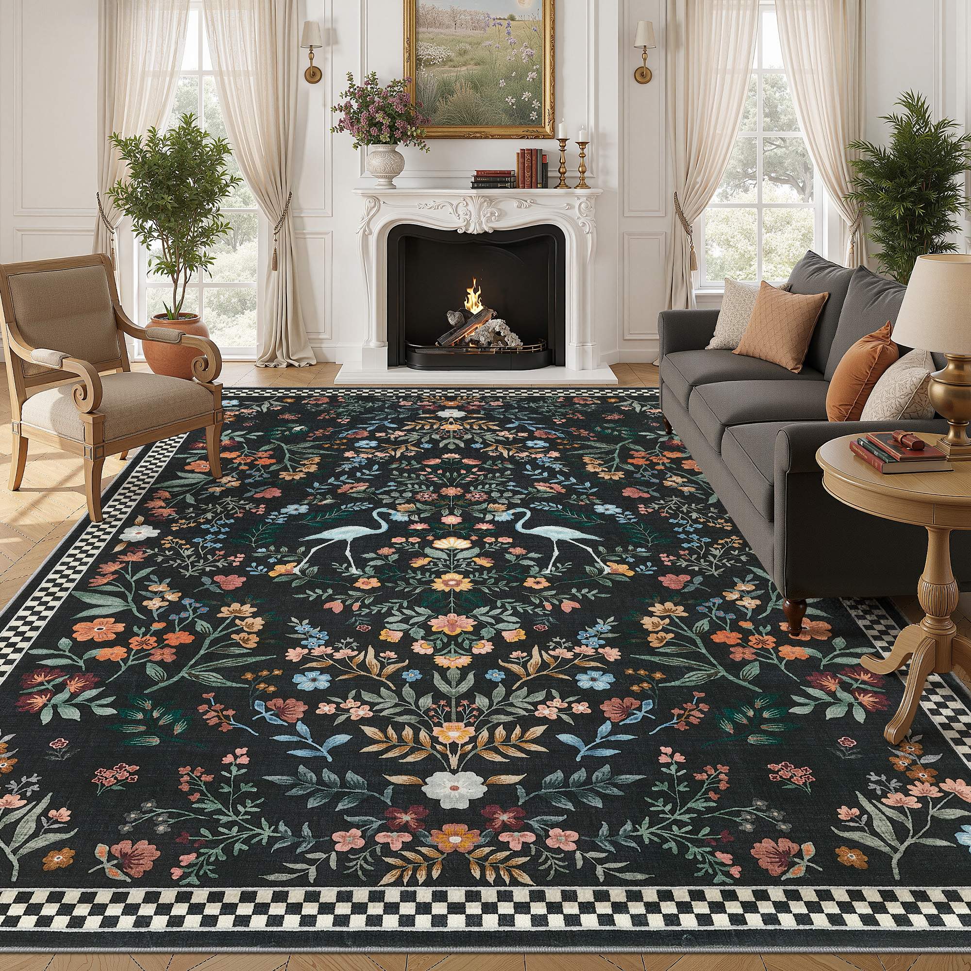 Front. Yardgrace - 5' x 7' ft Washable Farmhouse Floral Area Rug with Non-Slip for Bedroom Nursery Living Room Decor - Black.