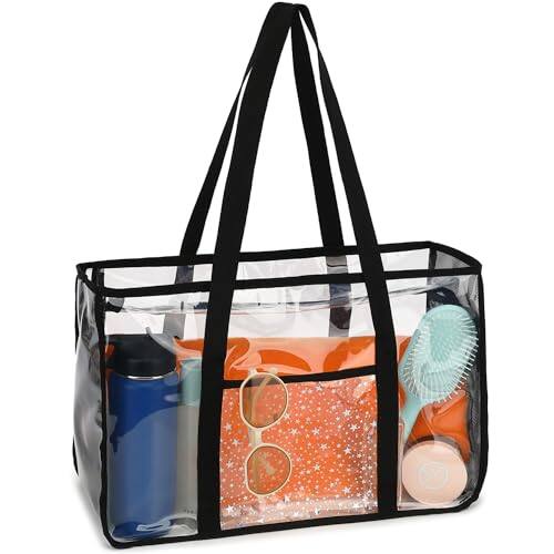 Front. Vulpecula Spade - Clear Beach Bag for Women, Large Pool Tote Cruise Vacation Essentials - Zipper Closure, Waterproof, Sandproof - Black.