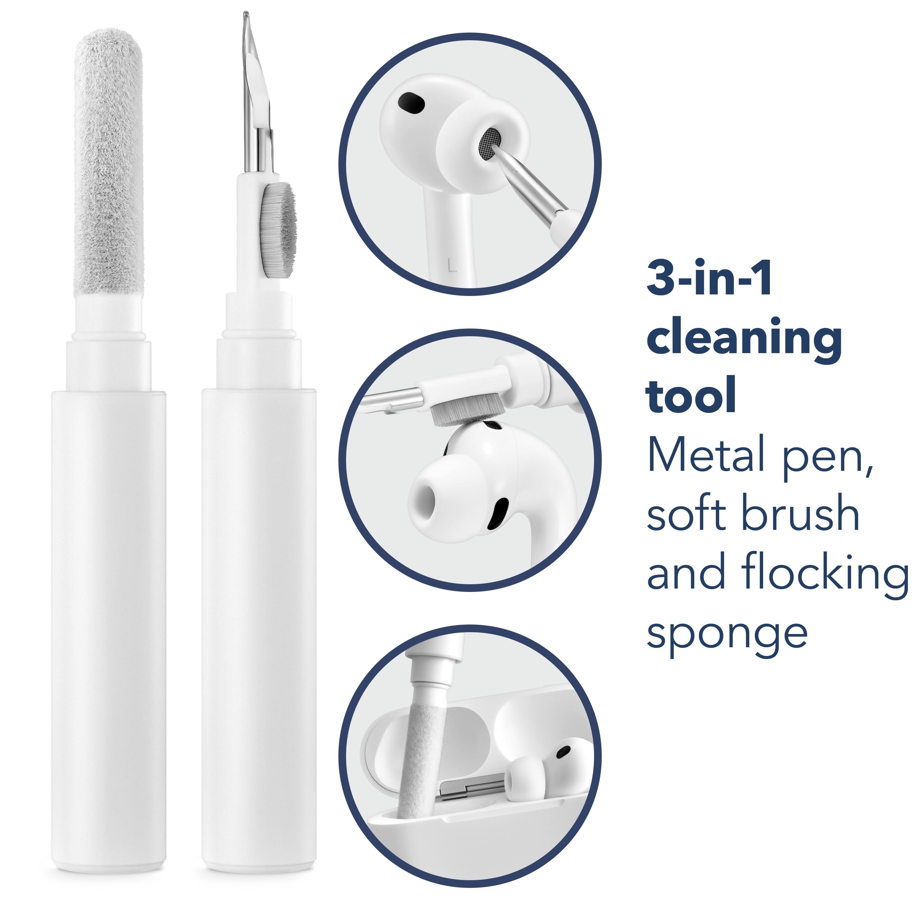 3-in-1 cleaning tool  
Metal pen, soft brush and flocking sponge
