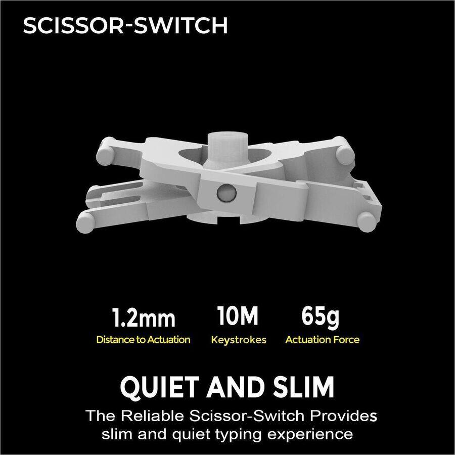 SCISSOR-SWITCH

1.2mm  
Distance to Actuation

10M  
Keystrokes

65g  
Actuation Force

QUIET AND SLIM  
The Reliable Scissor-Switch Provides slim and quiet typing experience