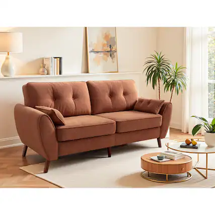 Front. KERDOM - Soft Teddy Fleece Loveseat Futon Small Couch for Apt, Office, Deep Seat Sofa Bed, Fluffy Thick Back Cushion, Arms Pillow - Brown.