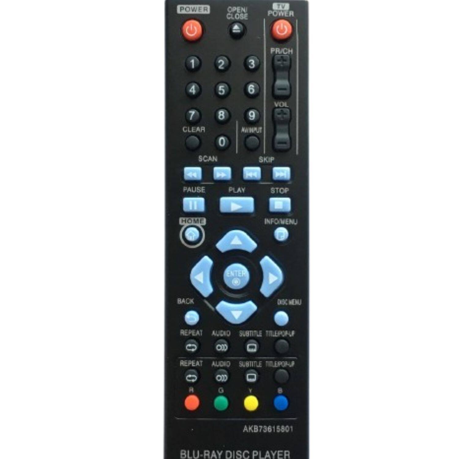 Sure, here is the corrected and grouped text from the image:

---

**Top Section:**
- POWER OPEN CLOSE
- TV POWER
- 1 2 3
- 4 5 6
- 7 8 9
- CLEAR 0
- AWWPUT
- VOL
- SCAN
- SKIP

**Middle Section:**
- PAUSE
- PLAY
- STOP
- HOME
- INFO/MENU
- ENTER
- BACK
- DISC MENU
- REPEAT
- AUDIO
- SUBTITLE
- TITLEPOP-UP

**Bottom Section:**
- REPEAT
- AUDIO
- SUBTITLE
- TELEPORT
- R G B
- AKB73615801
- BLU-RAY DISC PLAYER

---