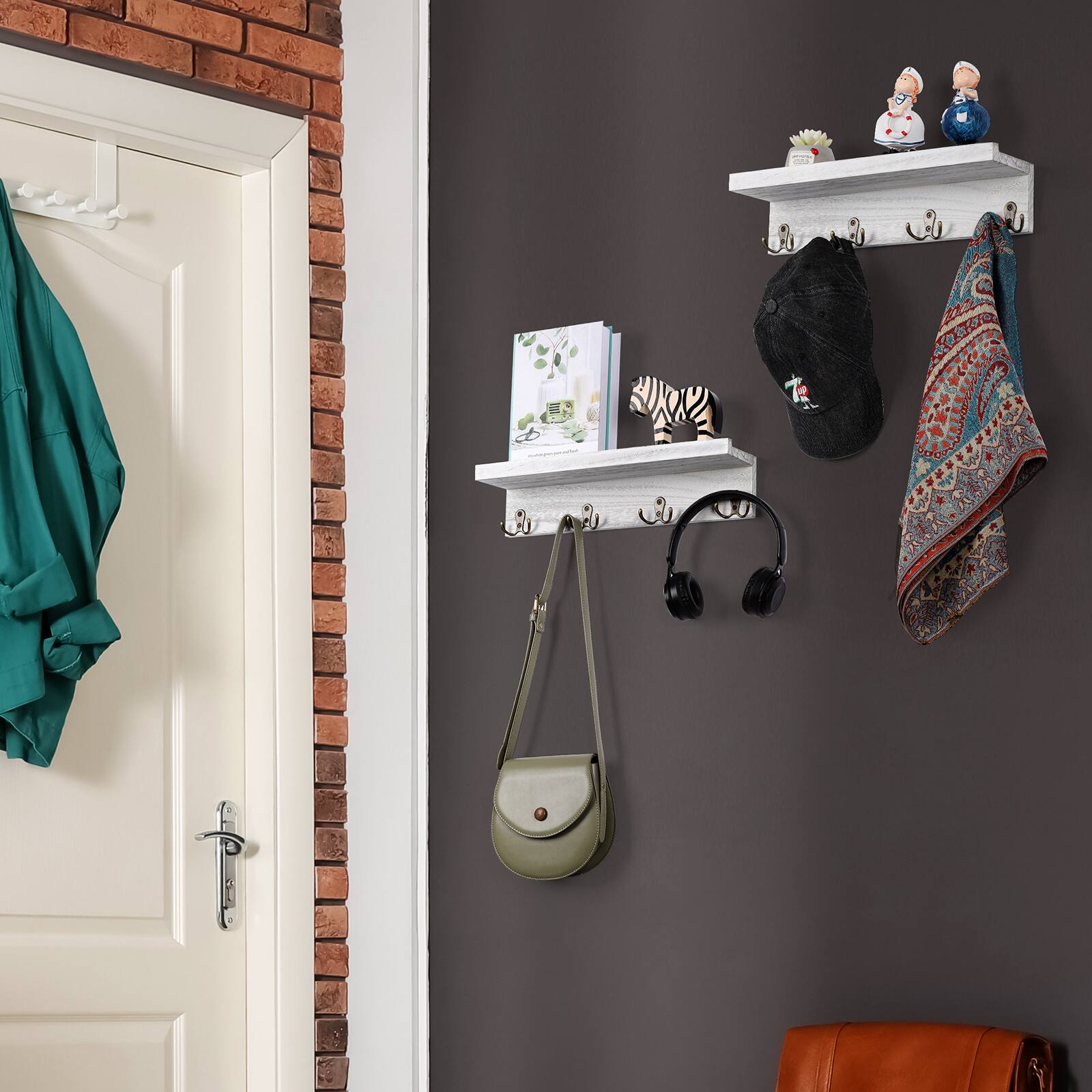 Alt View 2. Oumilen - 2 Pack Gray Wood Floating Wall Shelf with 4 Antique Double Prong Hooks - White.