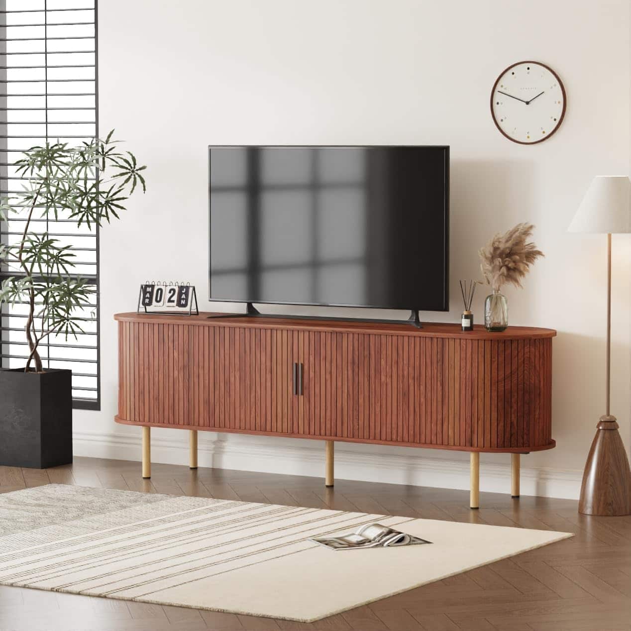 Acekool - 70.1" TV Cabinet with Storage and Sliding Doors, Wood Media Console Table for TVs Up to 80 Inches - Walnut