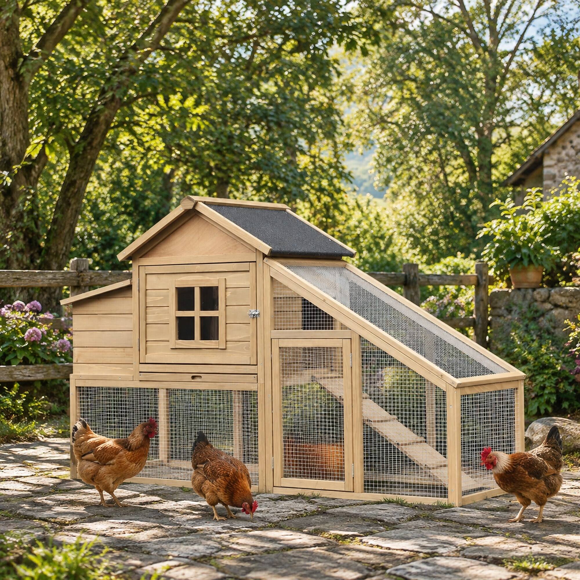 RYHNUYNE 69.25 in Wooden Chicken Coop, Fir Wood Hen House, Asphalt Roof ...