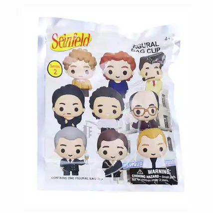 Sure, here is the corrected and grouped text from the image:
---
**Seinfeld**
**Series 2**
**4+**
**FIGURAL BAG CLIP**
**CONTAINS ONE FIGURAL BAG CLIP**
**WARNING: CHOKING HAZARD - Small parts. Not for children under 3 years.**
---