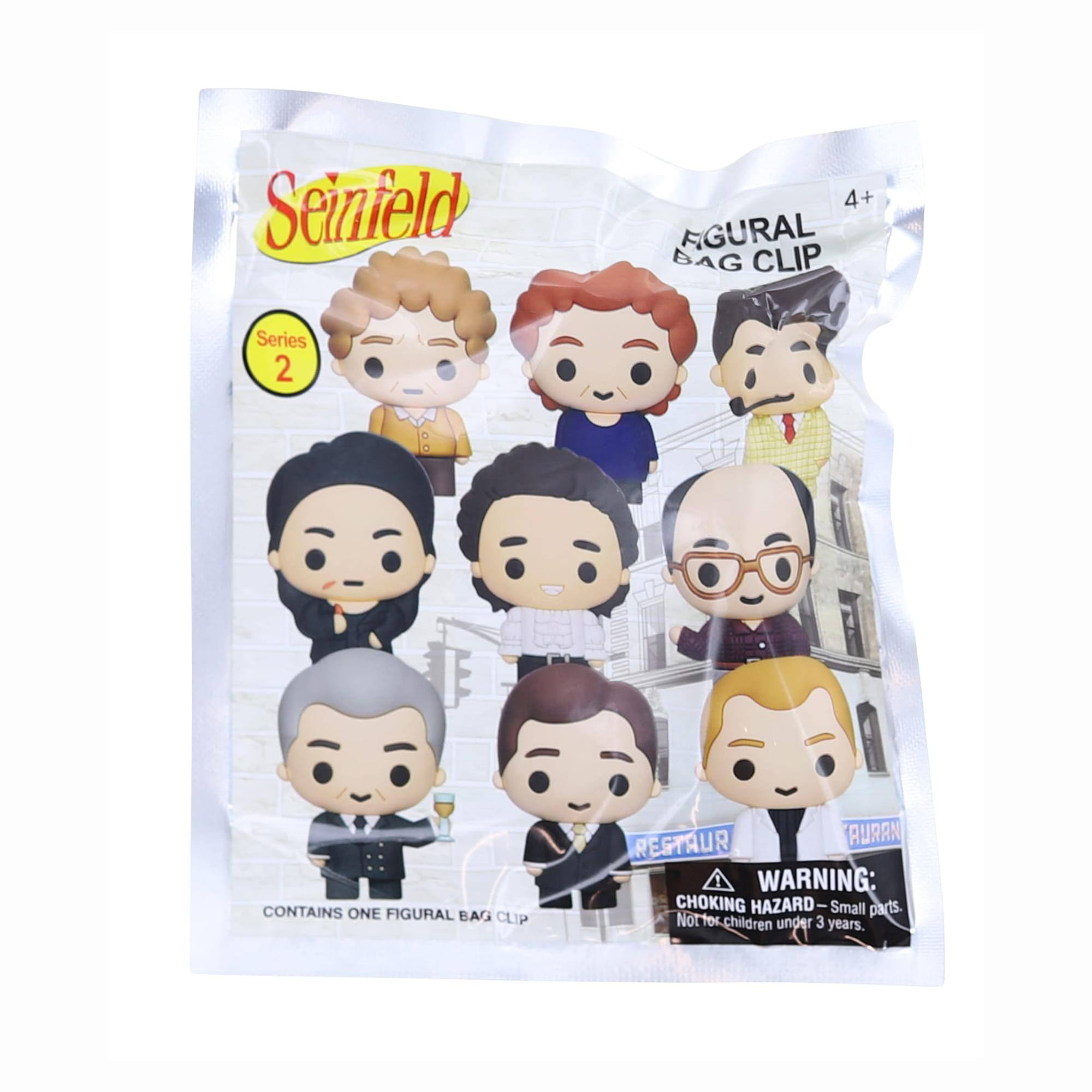 Sure, here is the corrected and grouped text from the image:

---

**Seinfeld**

**Series 2**

**4+**

**FIGURAL BAG CLIP**

**CONTAINS ONE FIGURAL BAG CLIP**

**WARNING: CHOKING HAZARD - Small parts. Not for children under 3 years.**

---