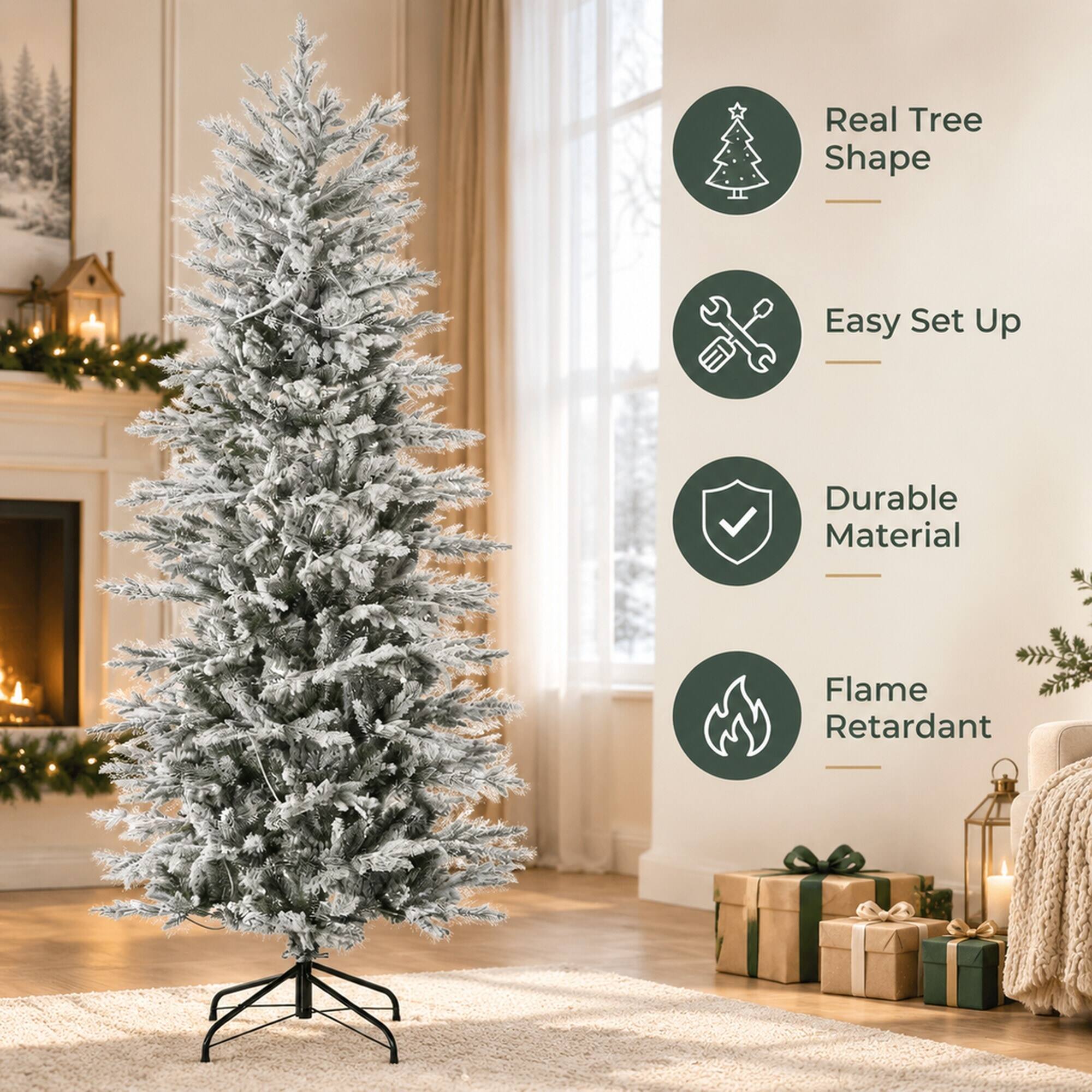 Real Tree Shape  
Easy Set Up  
Durable Material  
Flame Retardant