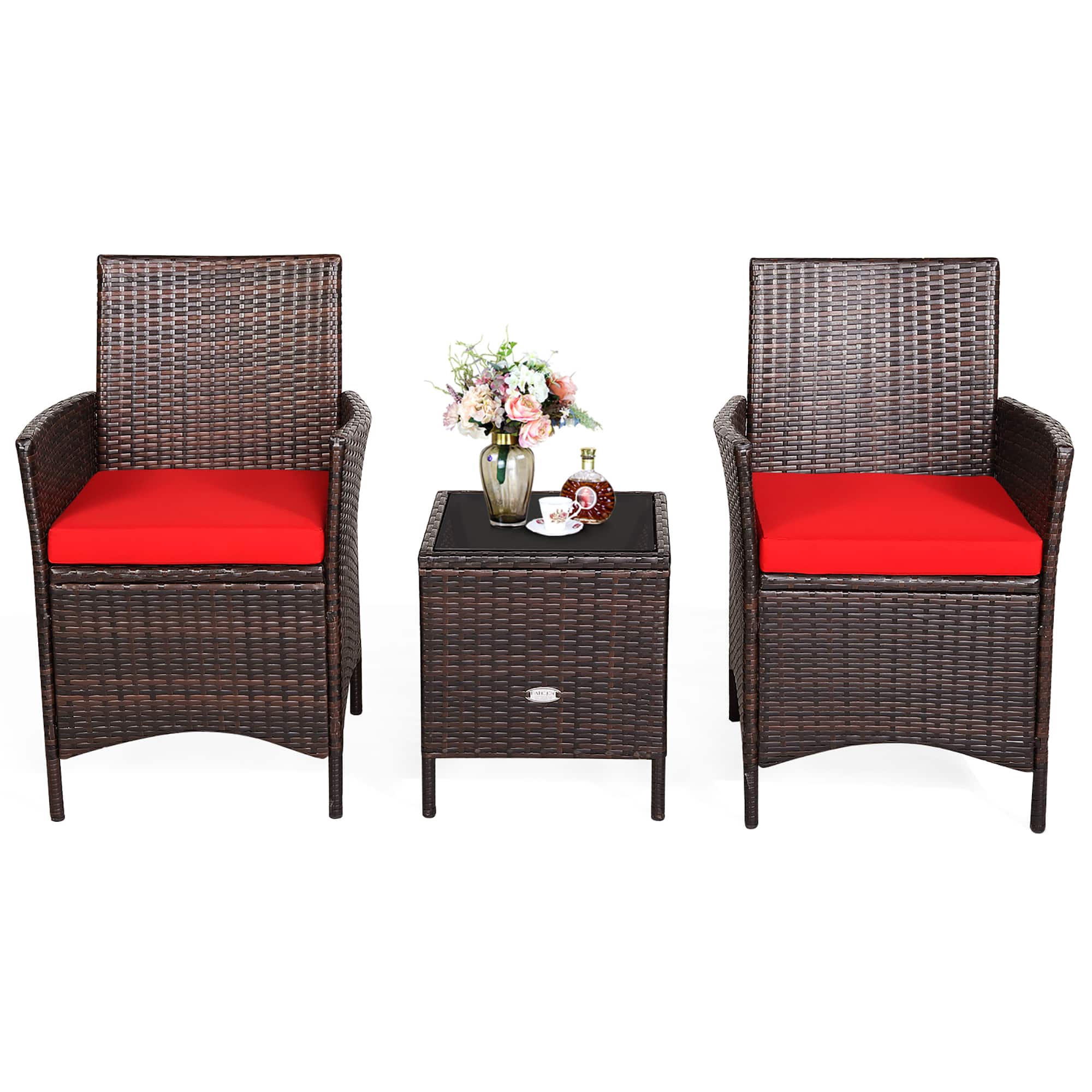 Front. Costway - 3PCS Patio Rattan Furniture Set Cushioned Sofa Glass Tabletop Deck - Red,Mix Brown.