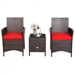 Costway - 3PCS Patio Rattan Furniture Set Cushioned Sofa Glass Tabletop Deck - Red,Mix Brown