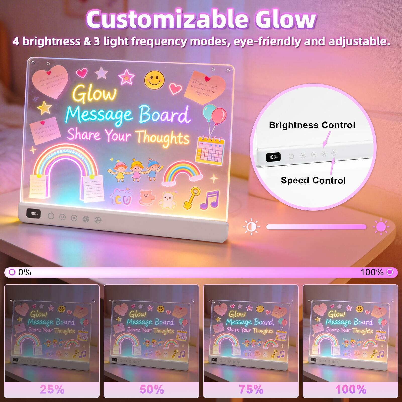 Customizable Glow

4 brightness & 3 light frequency modes, eye-friendly and adjustable.

Glow Message Board
Share Your Thoughts

Brightness Control
Speed Control

0% 25% 50% 75% 100%