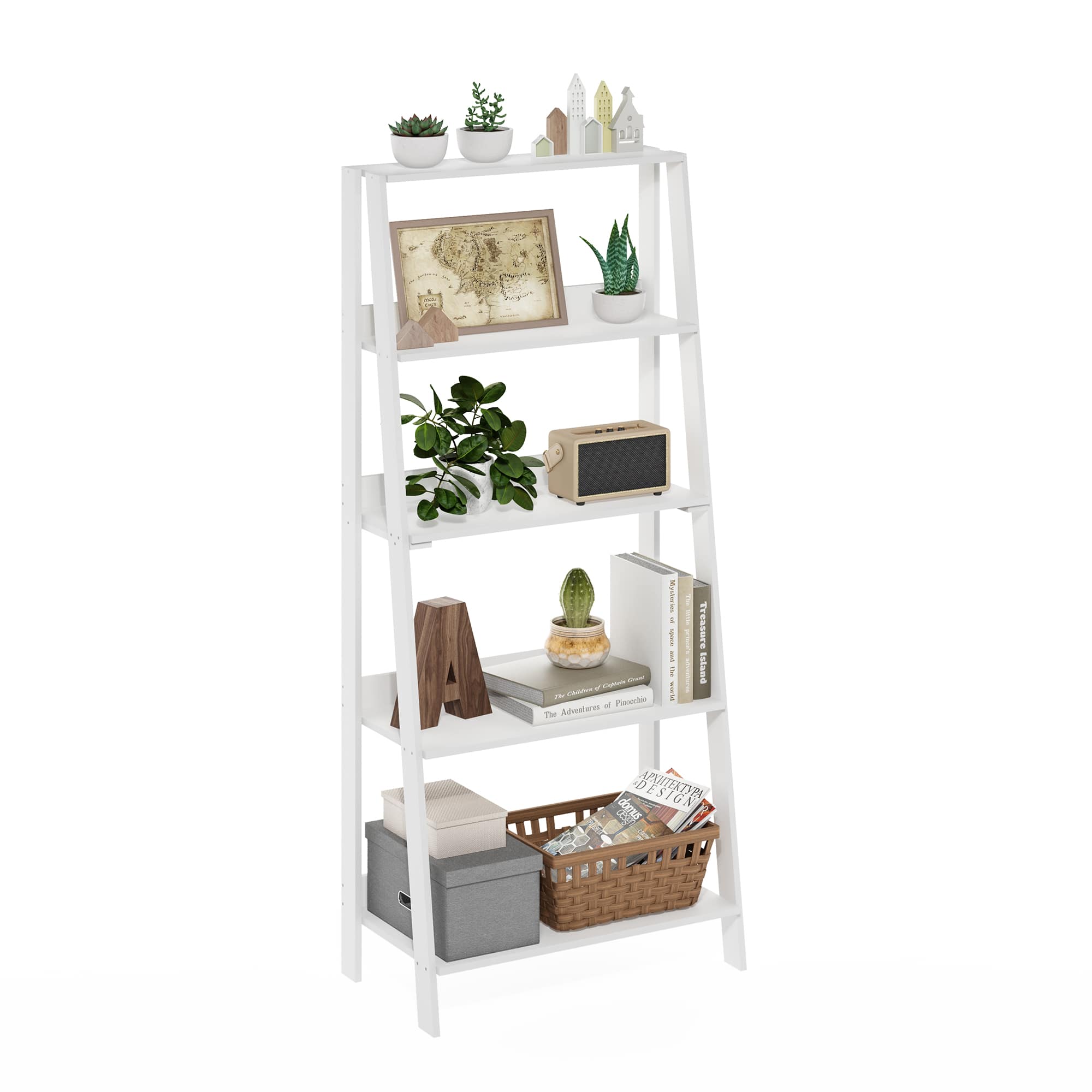 Furinno - LADDER Book Shelf, 5-Tier Ladder Shelf, Bookshelf, Display Storage Shelves, for Living Room, Home Office - Plain White