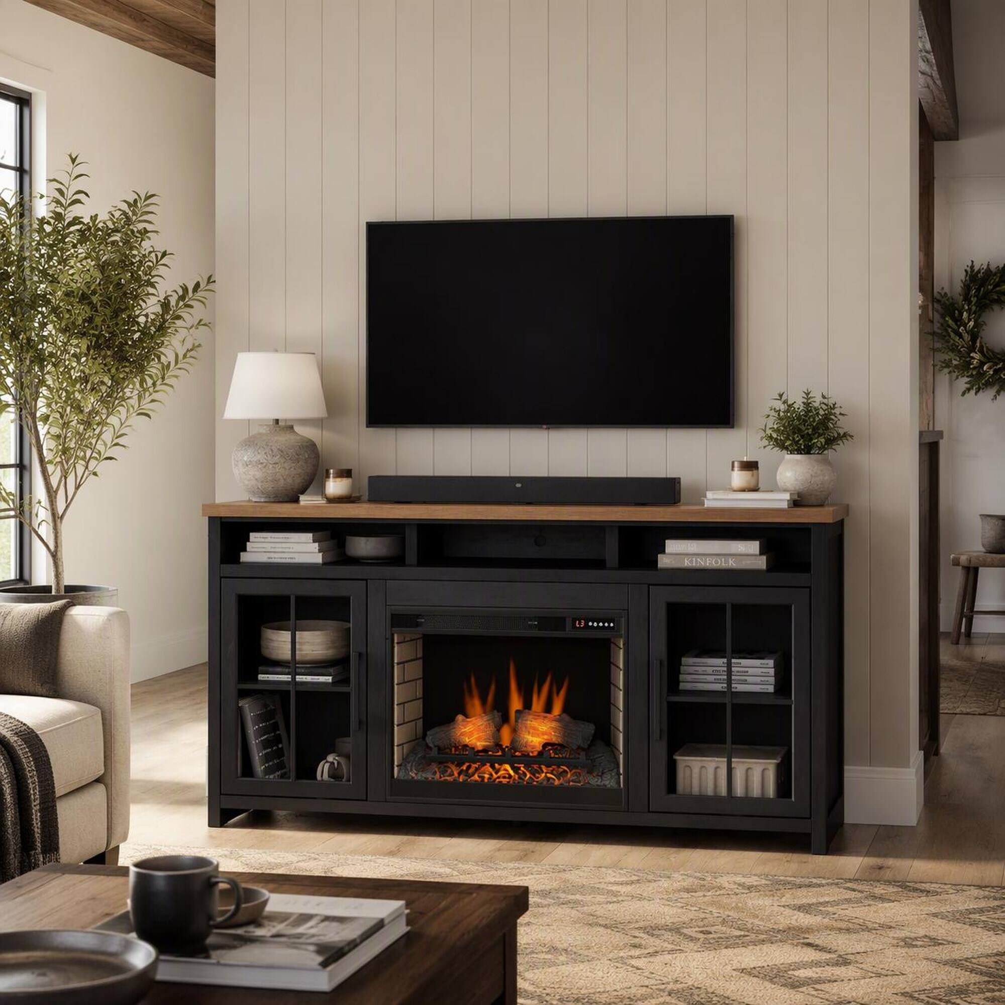 Left. RYHNUYNE - 74 Inch Farmhouse Fireplace TV Stand, Fits Up To 85 Inch TVs For Living Room Media Storage Warm Ambience - Black.