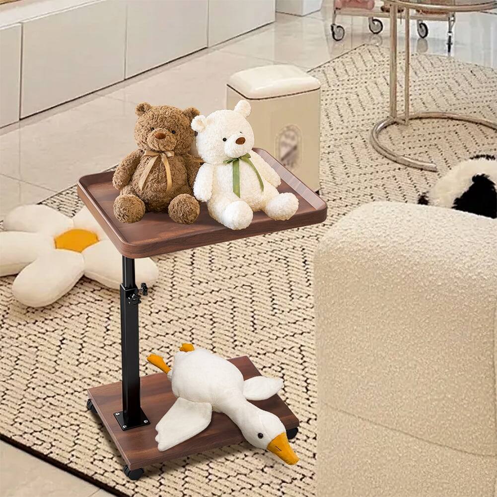 Angle. Homhougo - Adjustable Height Swivel TV Tray Table - Rotatable Rolling Side Table with Wheels for Living Room - Wood Color.