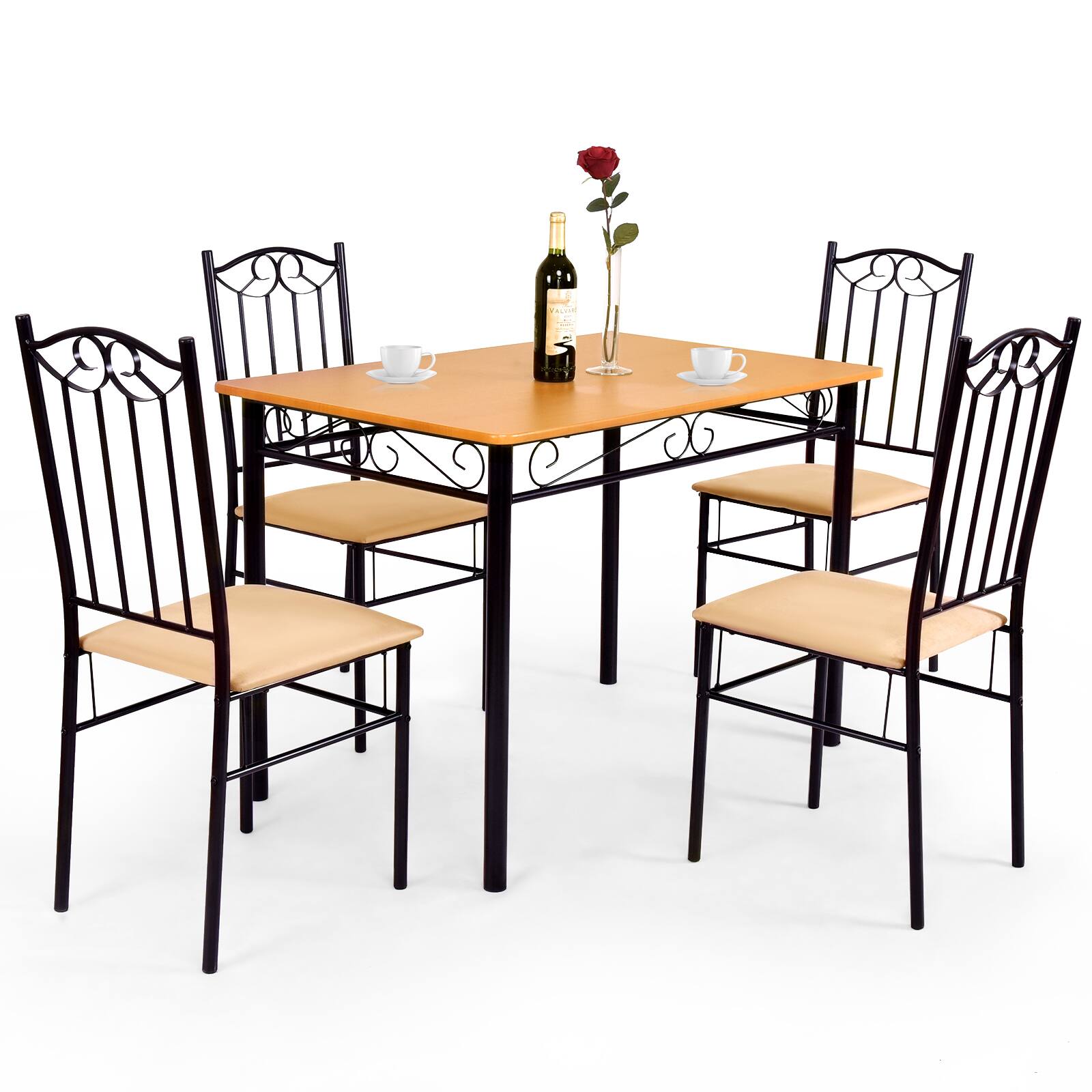 Front. Ecooso - 5 Piece Dining Table Set with Wooden Table and 4 Cushioned Chairs for Dining Room - Black & Natural.