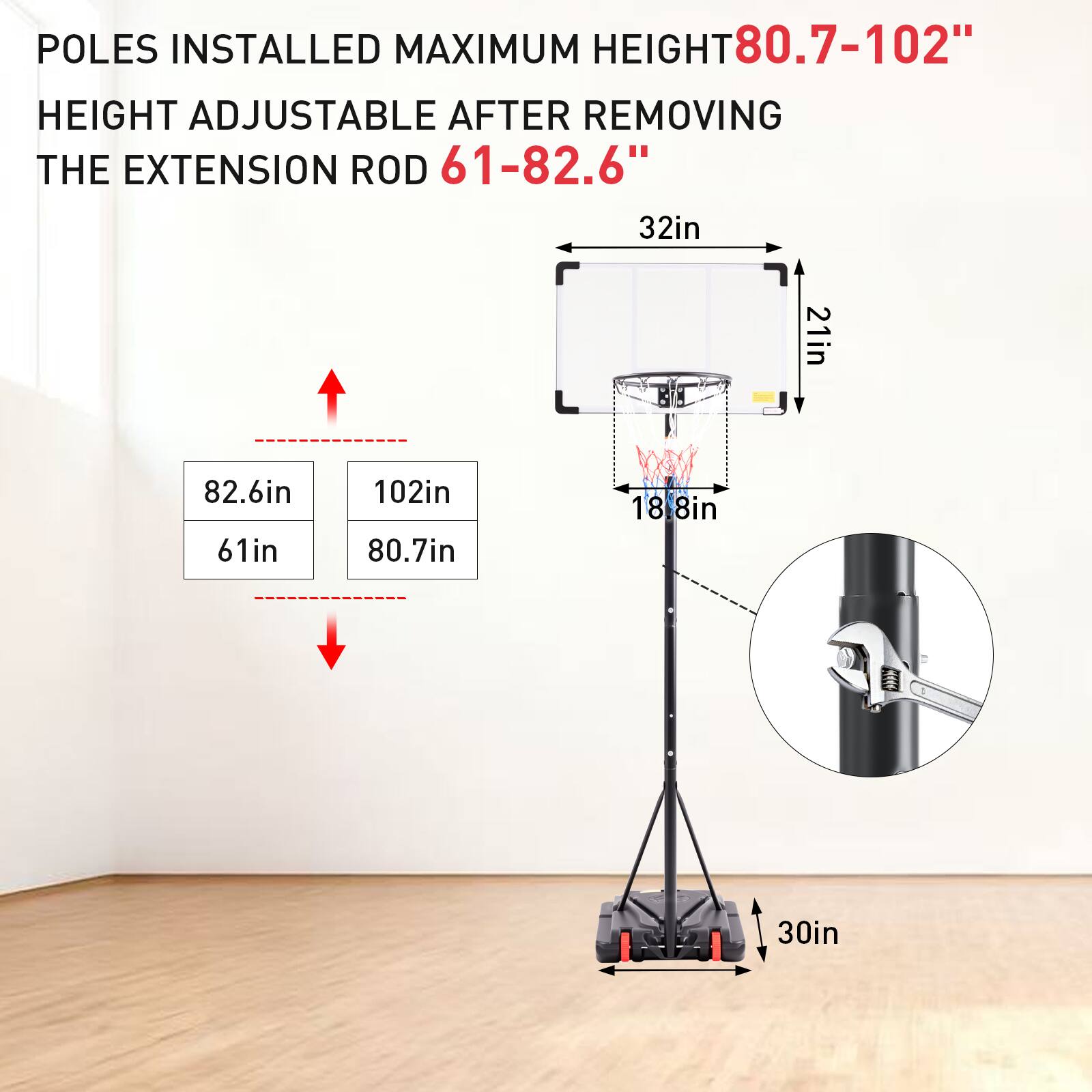 POLES INSTALLED MAXIMUM HEIGHT 80.7-102"  
HEIGHT ADJUSTABLE AFTER REMOVING THE EXTENSION ROD 61-82.6"  

32in  
21in  
82.6in  
61in  
102in  
80.7in  
18 8in  
30in