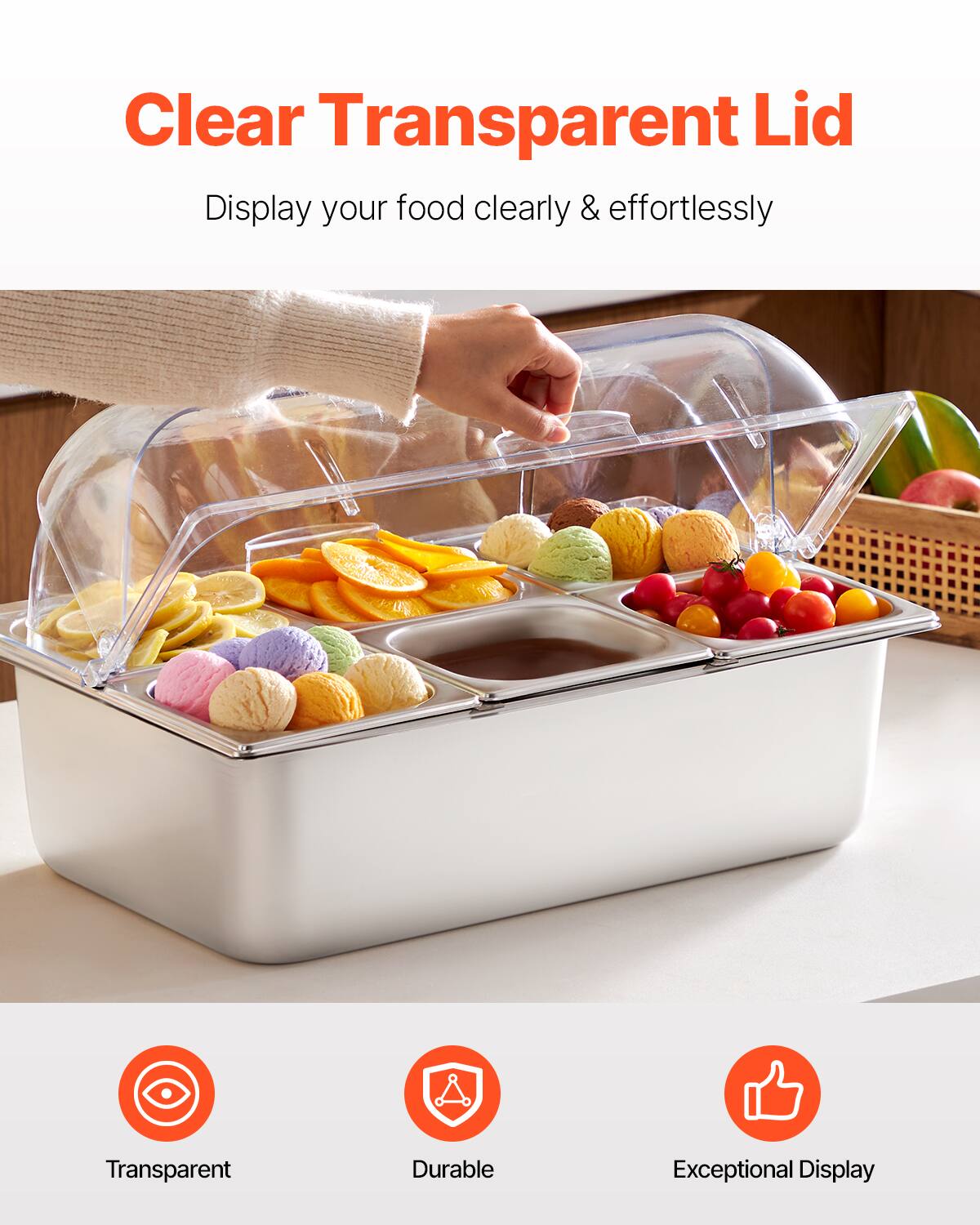 Clear Transparent Lid  
Display your food clearly & effortlessly  

Transparent  
Durable  
Exceptional Display