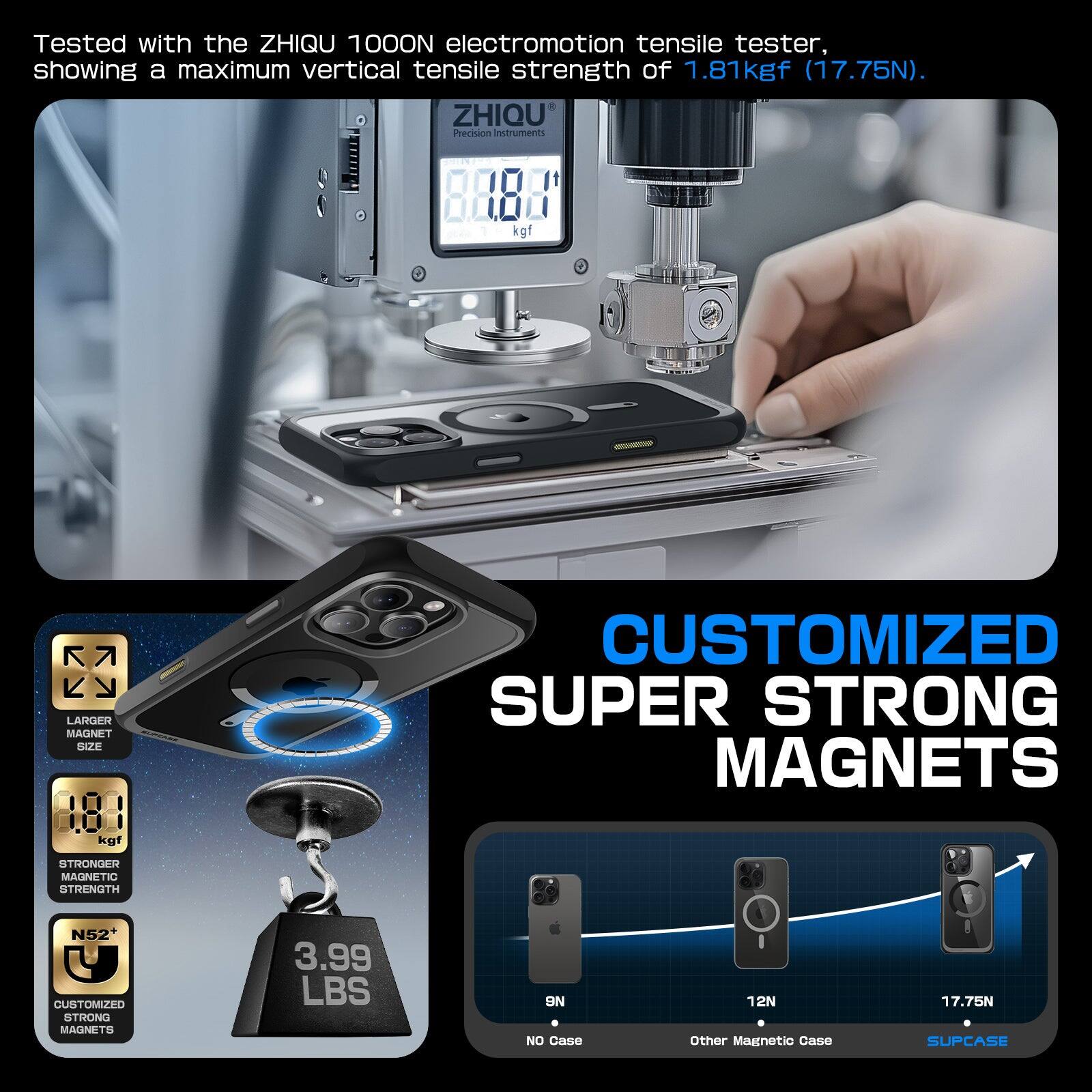 Tested with the ZHIQU 100ON electromotion tensile tester, showing a maximum vertical tensile strength of 1.81 kgf (17.75N).

ZHIQU Precision Instruments:
- LARGER MAGNET SIZE
- 181 kgf CUSTOMIZED SUPER STRONG MAGNETS
- STRONGER MAGNETIC STRENGTH N52+
- CUSTOMIZED STRONG MAGNETS

3.99 LBS (9N) NO Case
12N Other Magnetic Case
17.75N SUPCASE