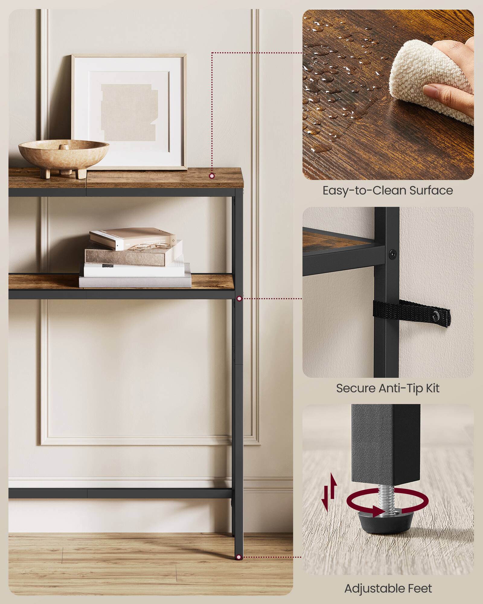 Easy-to-Clean Surface  
Secure Anti-Tip Kit  
Adjustable Feet