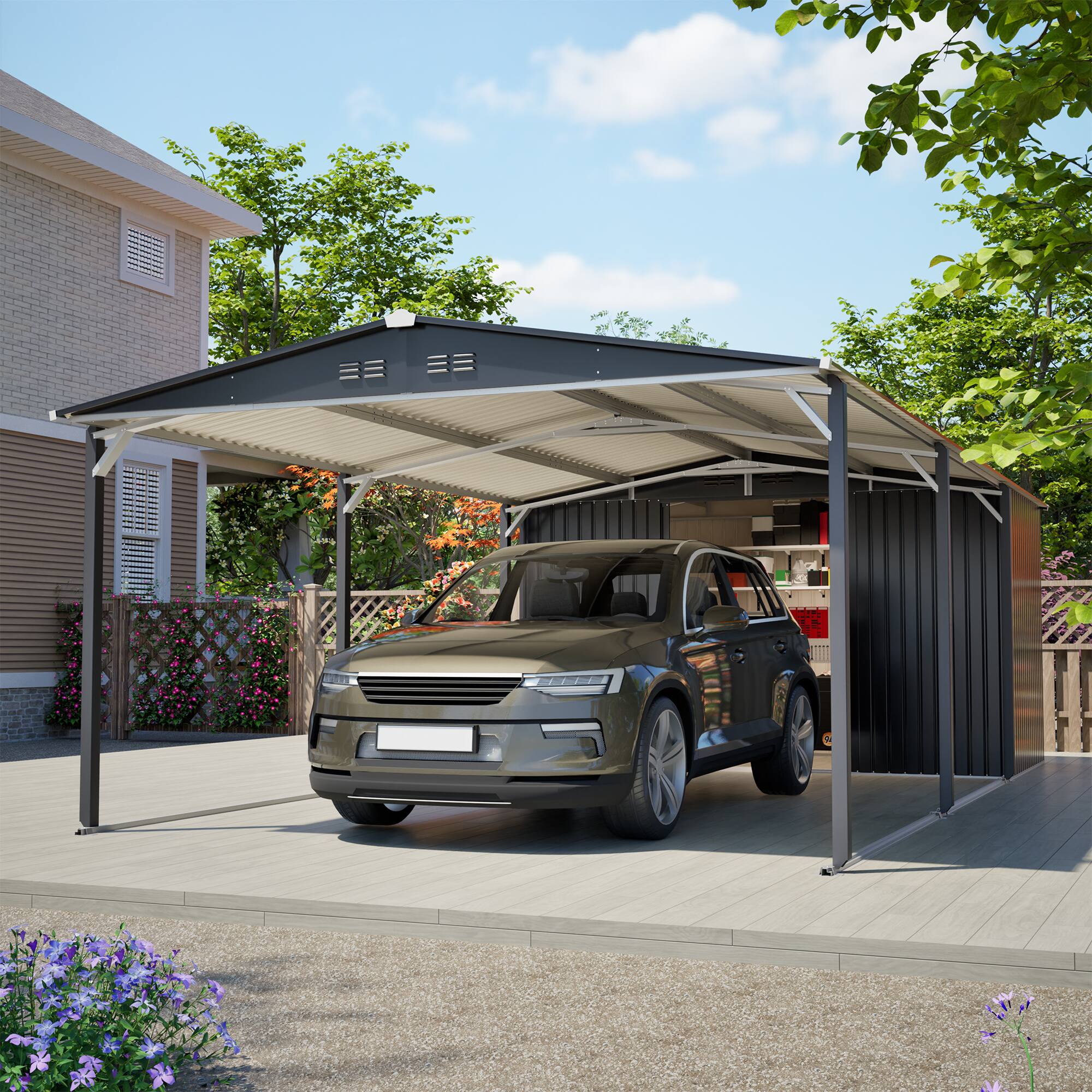 Angle. Mondawe - 12 x 23 ft Metal Carport Storage Shed with Sliding Door and Sloped Roof - Grey.