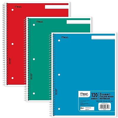 Mead  
3 Subject College Ruled Notebook  
120 Sheets  
3 Subject College Ruled  
Notebook  
120 Sheets  
Thin/Soft Cover
