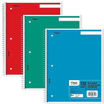 Mead
3 Subject College Ruled Notebook
120 Sheets
3 Subject College Ruled
Notebook
120 Sheets
Thin/Soft Cover
