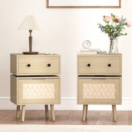 Bestier - Rotating Side Table with Woven Door, Modern Nightstand with Storage and Sturdy Legs - wooden
