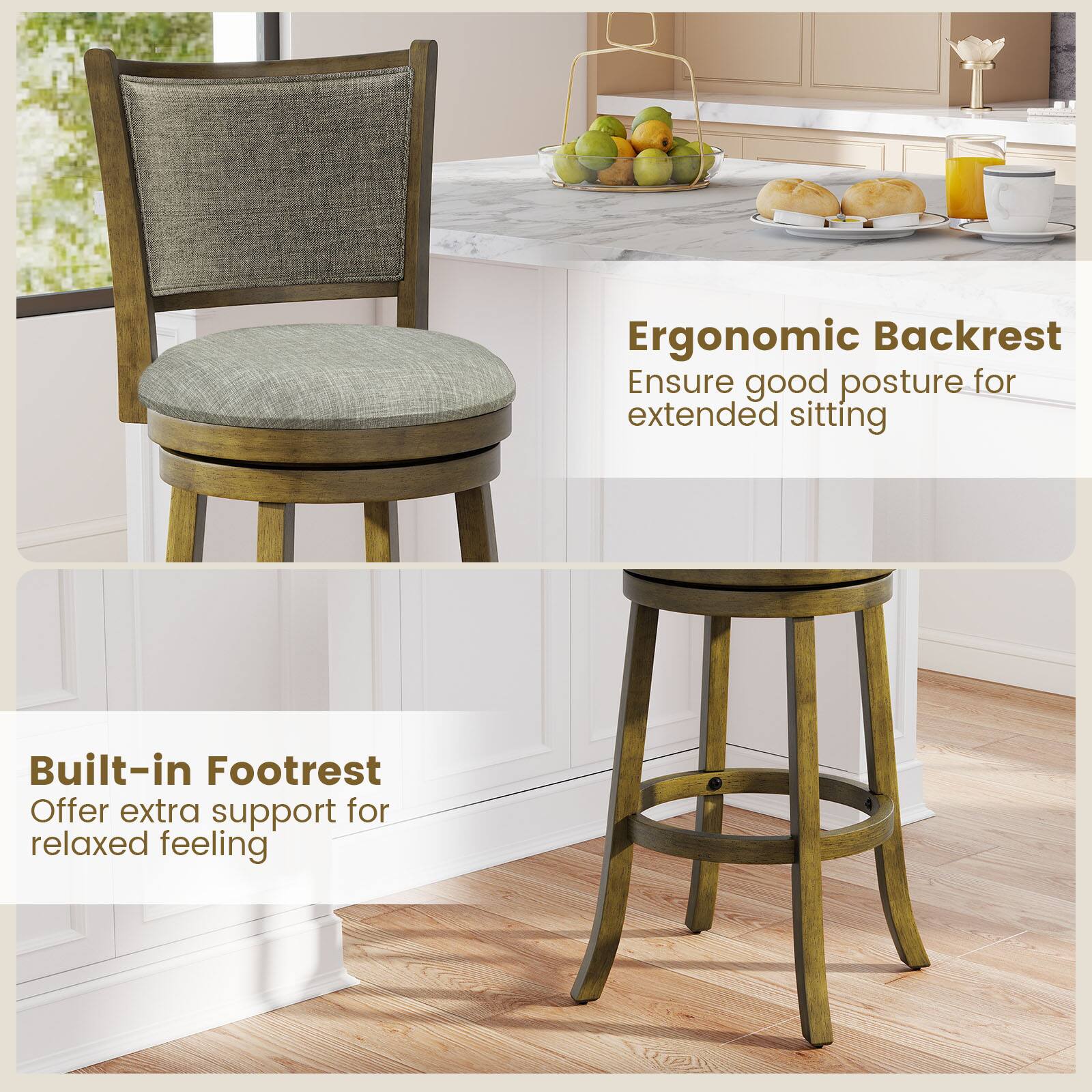 Ergonomic Backrest  
Ensure good posture for extended sitting  

Built-in Footrest  
Offer extra support for relaxed feeling