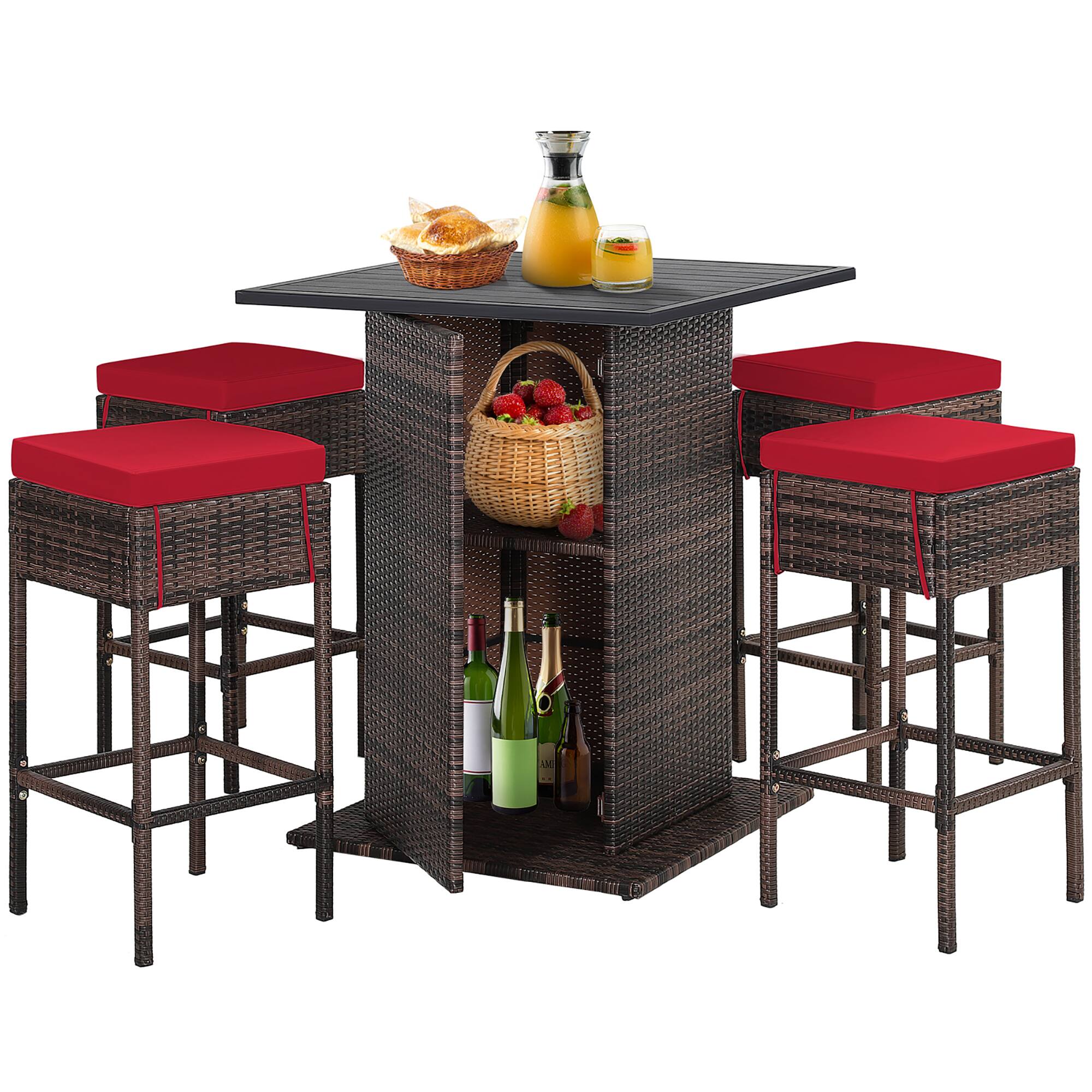 Alt View 1. Gymax - Gymax 5PCS Patio Bar Set Rattan Bar Furniture Set w/ Table & 4 Cushioned Stools Red - Red.