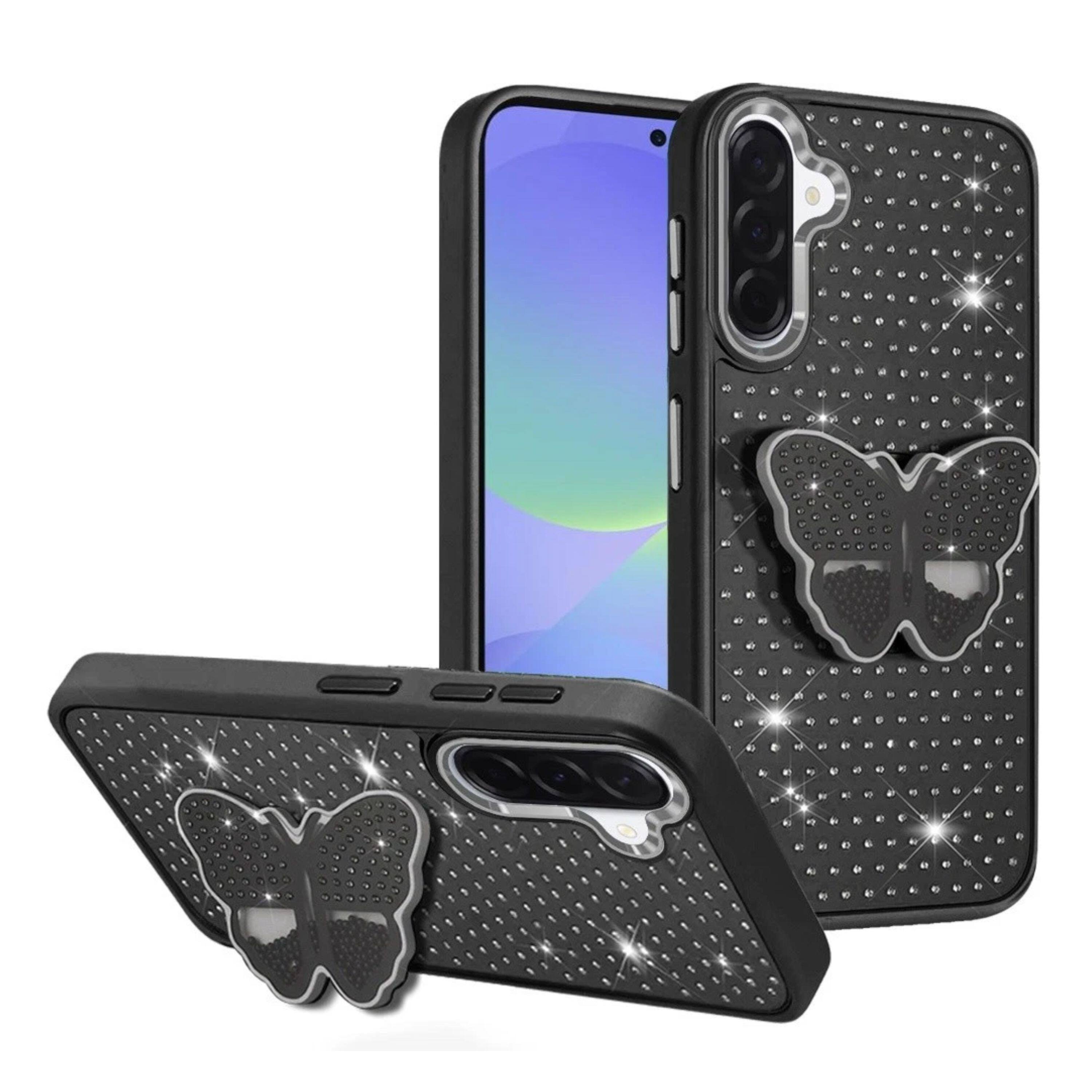 Angle. Kitcheniva - Faux Crystals Butterfly Grip Stand Phone Case With Tempered Glass For Samsung A37 5G Black - Black.